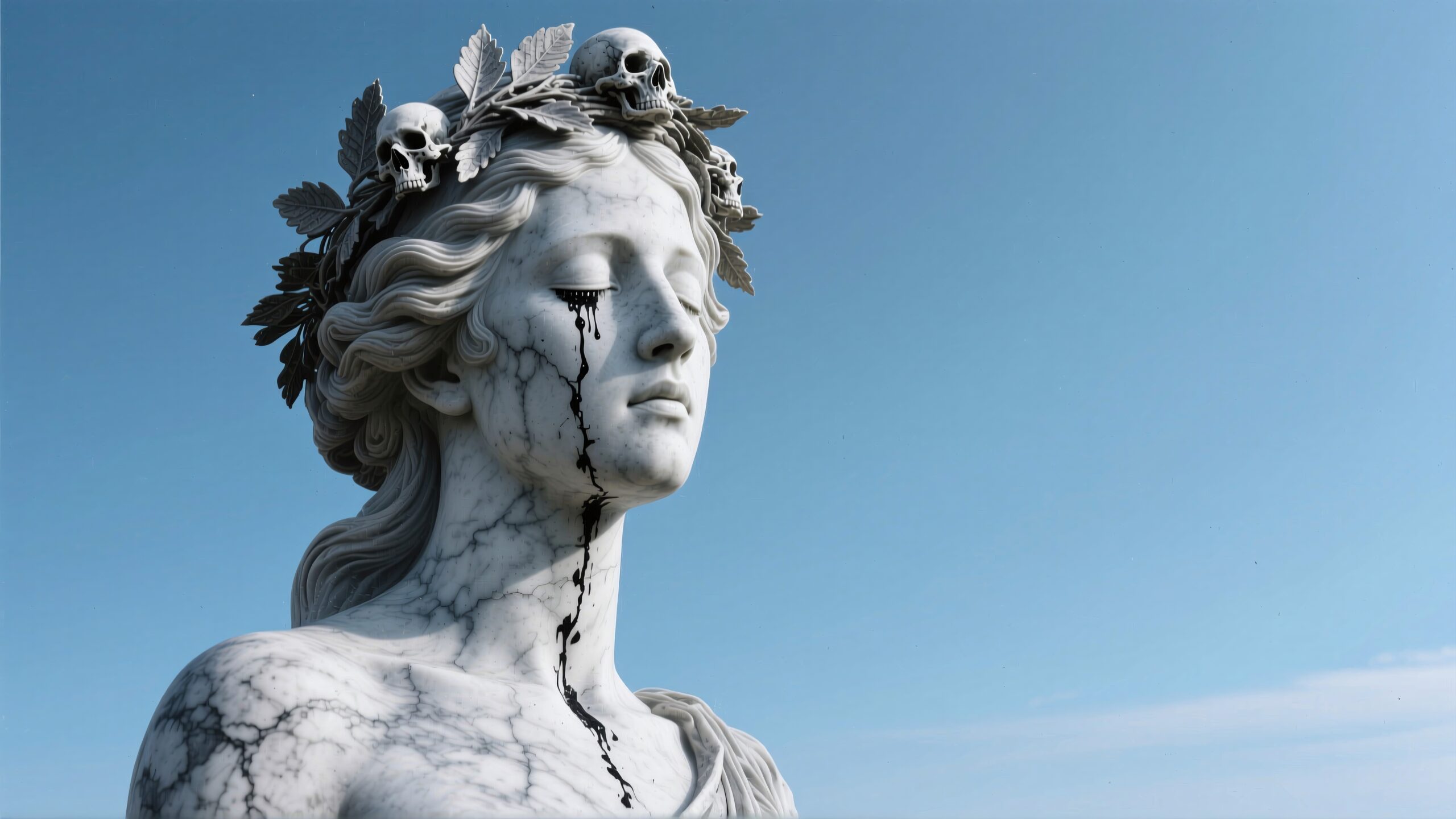 A marble statue with skulls and dark tears against a blue sky.