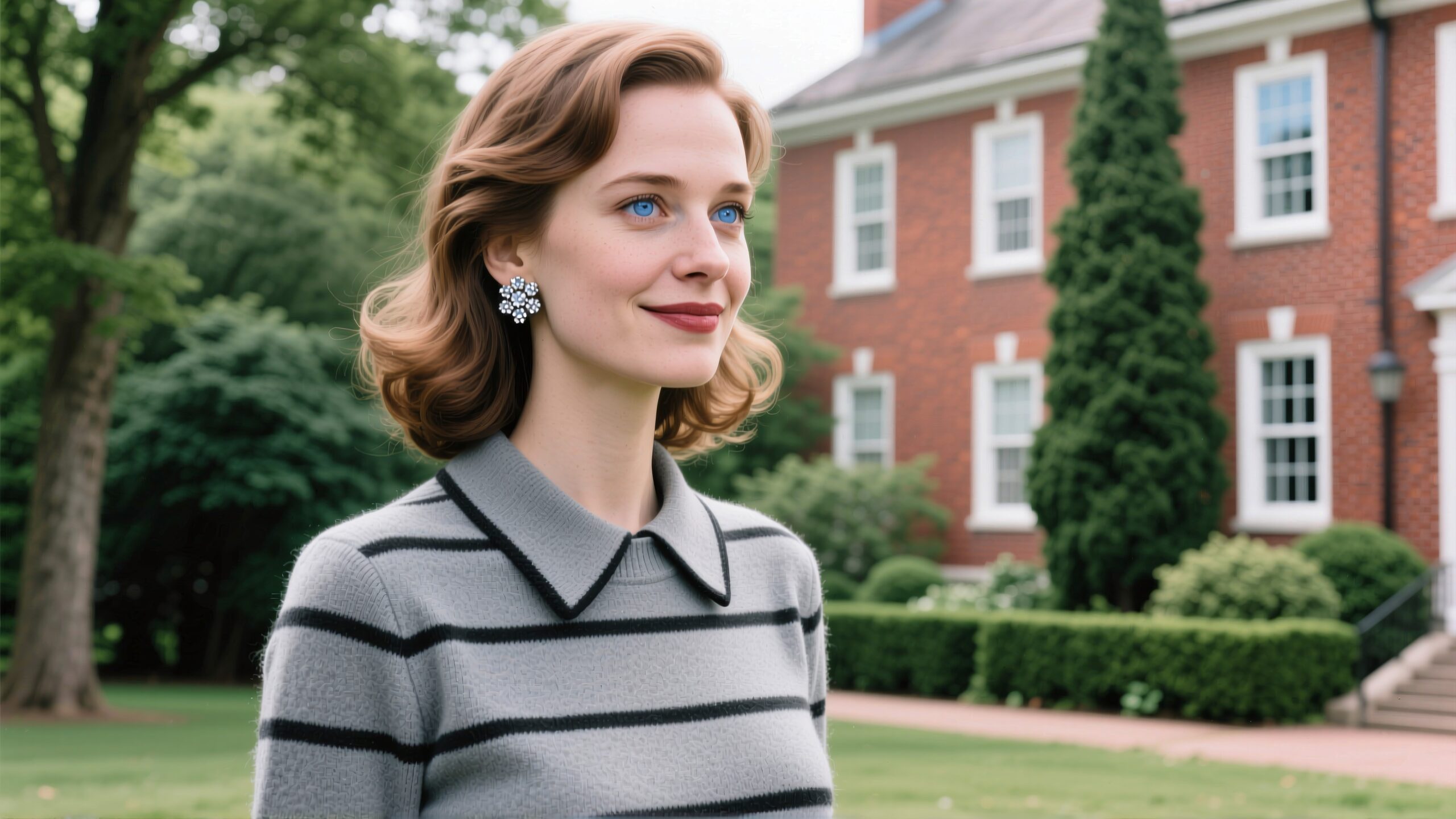 A woman with blue eyes smiling confidently in front of a brick building, wearing a gray-striped sweater, in a lush garden setting.