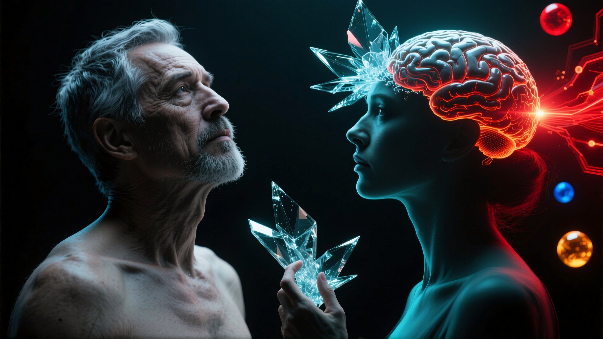 A futuristic scene with a glowing, crystalline brain and an older man, exploring cognitive evolution and human intelligence themes.