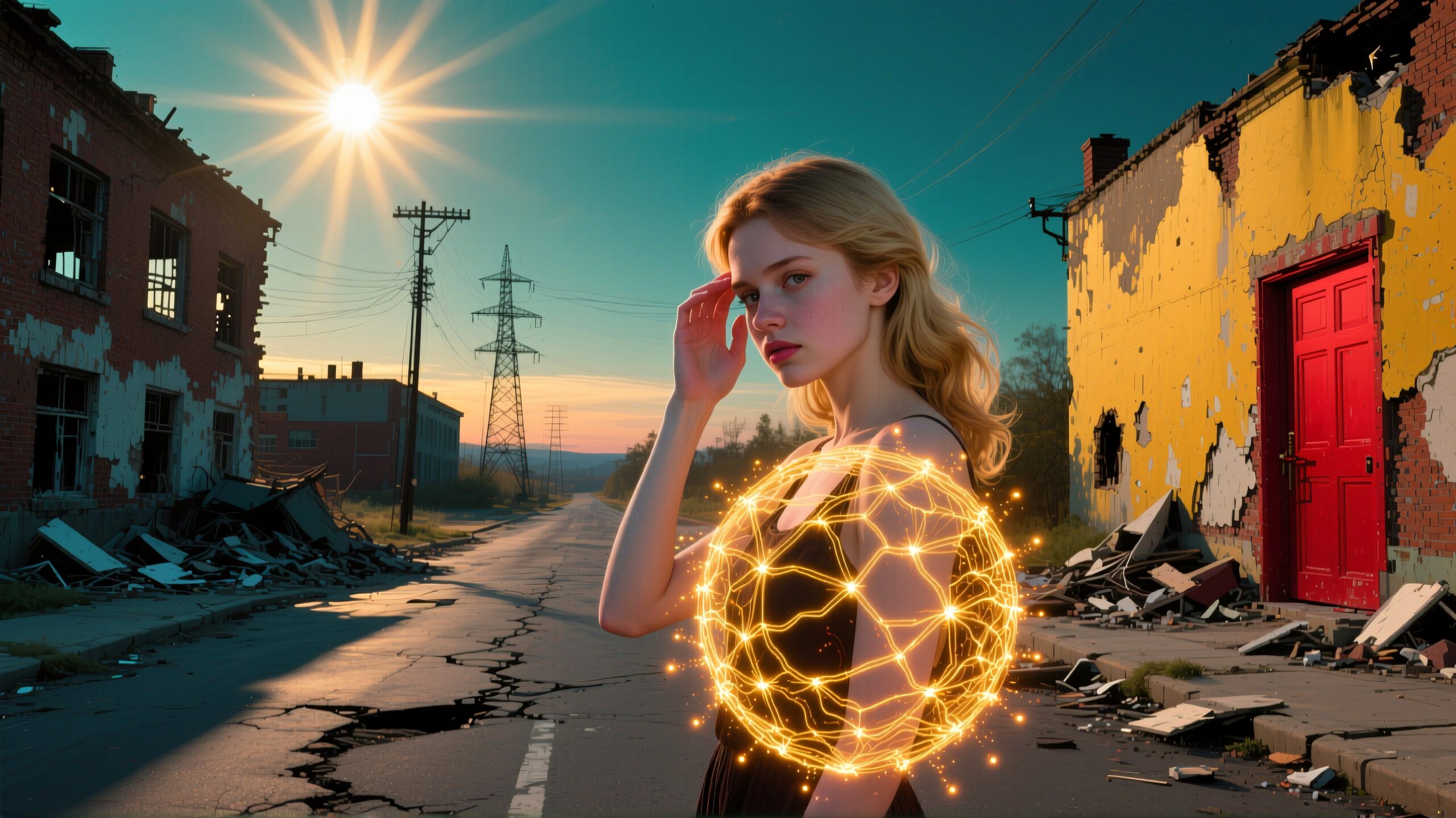 A mysterious woman emits a glowing aura in a desolate urban landscape.