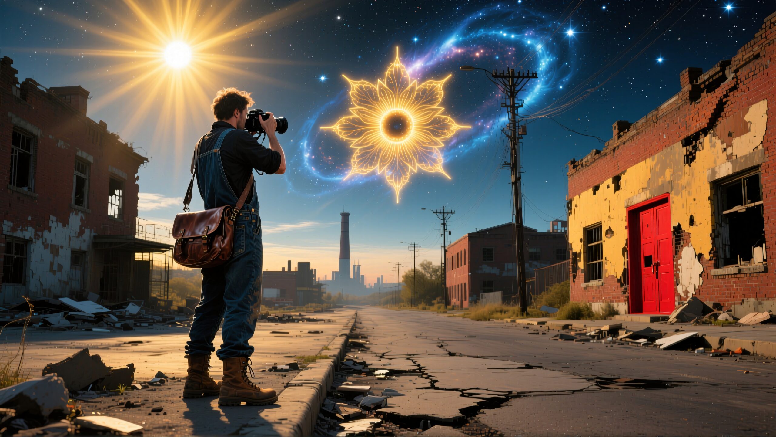 A photographer captures a surreal cosmic scene on a deserted urban street with a bright celestial design in the sky.