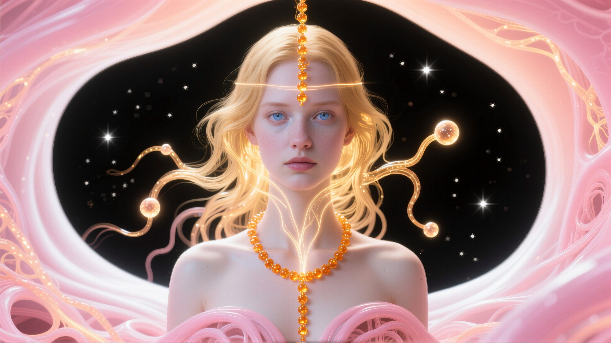 Ethereal woman with glowing jewelry, cosmic background.