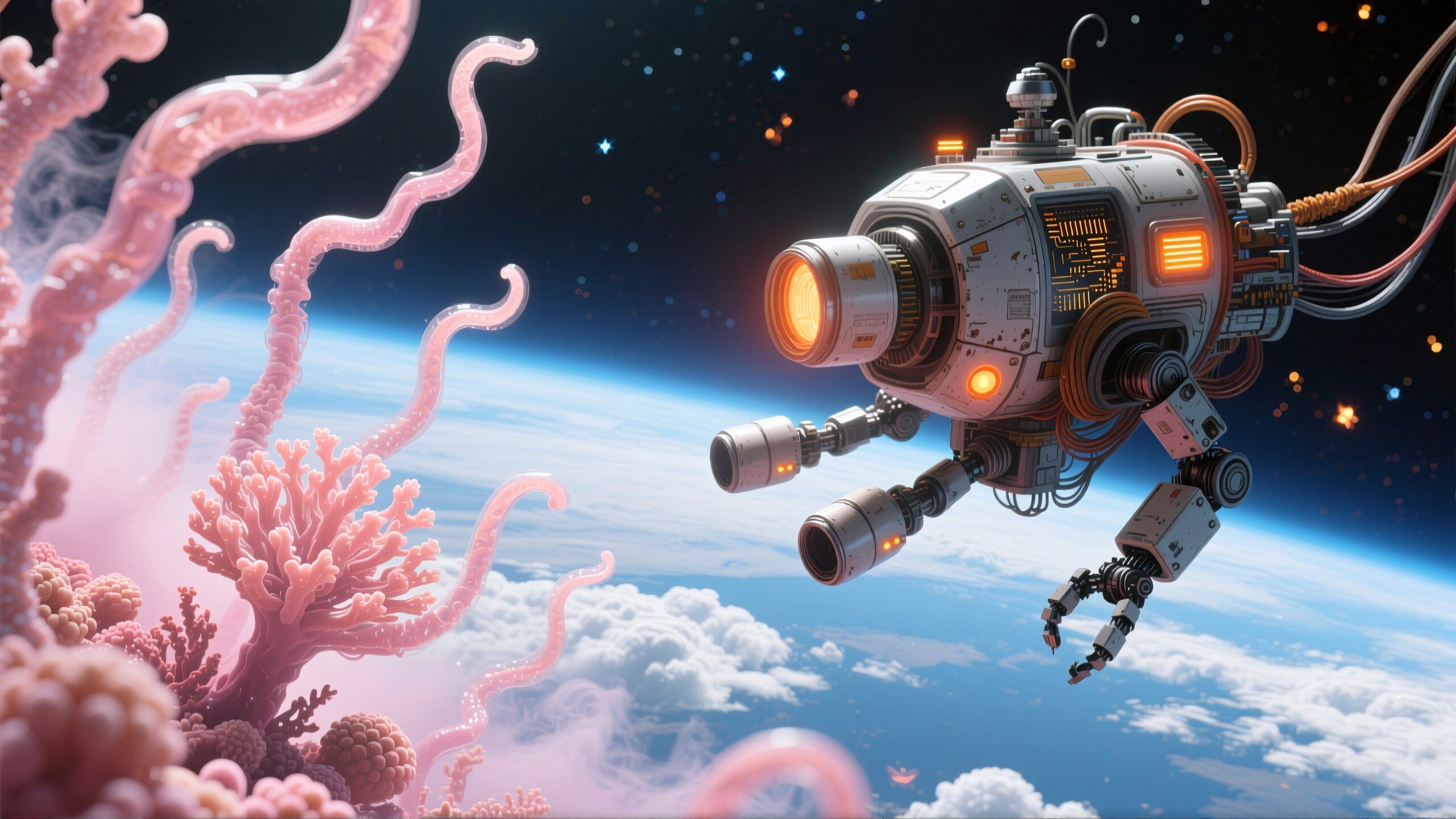 Futuristic robot exploring alien coral planet in space.