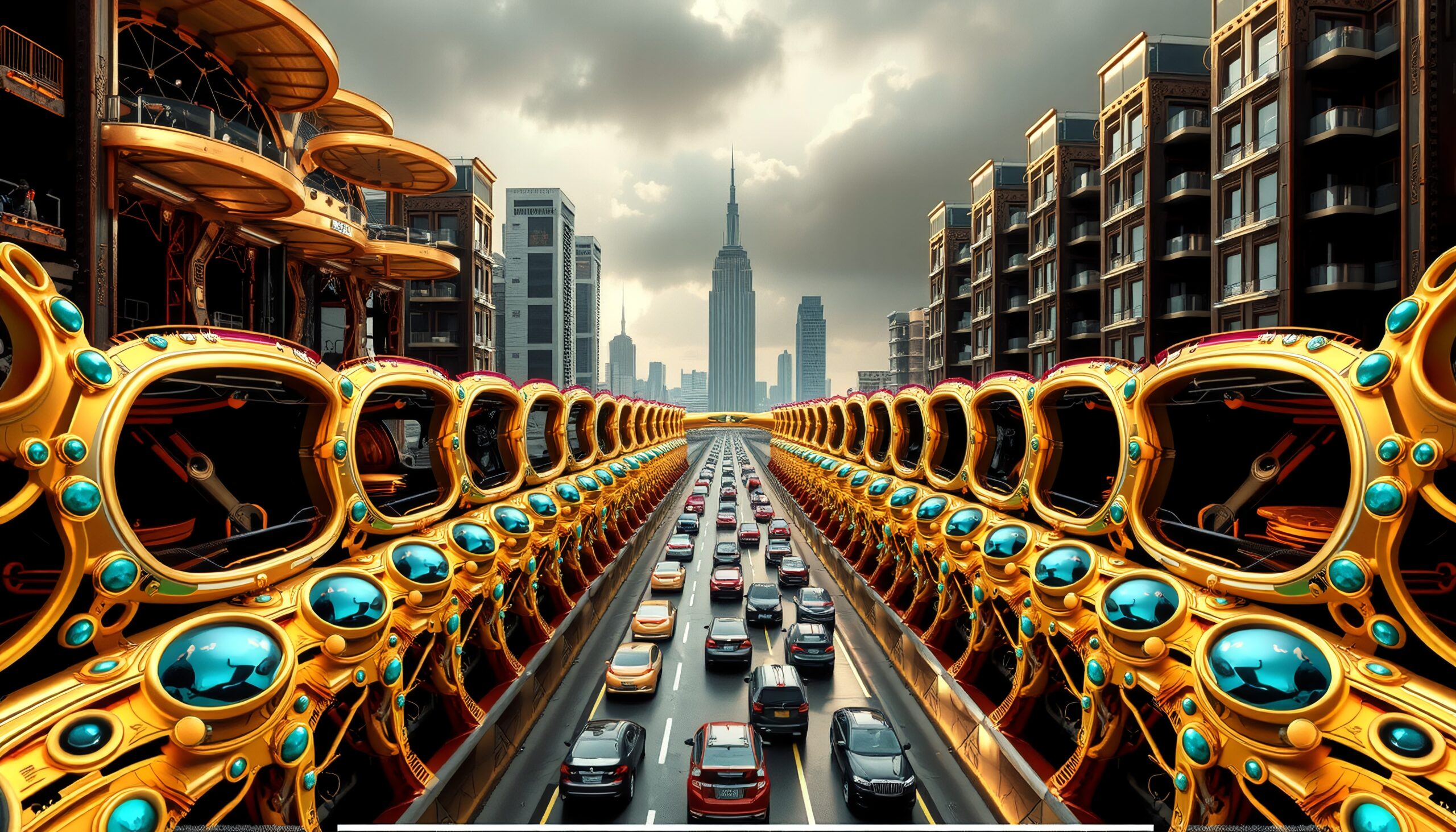 Futuristic cityscape with golden structures lining congested street.