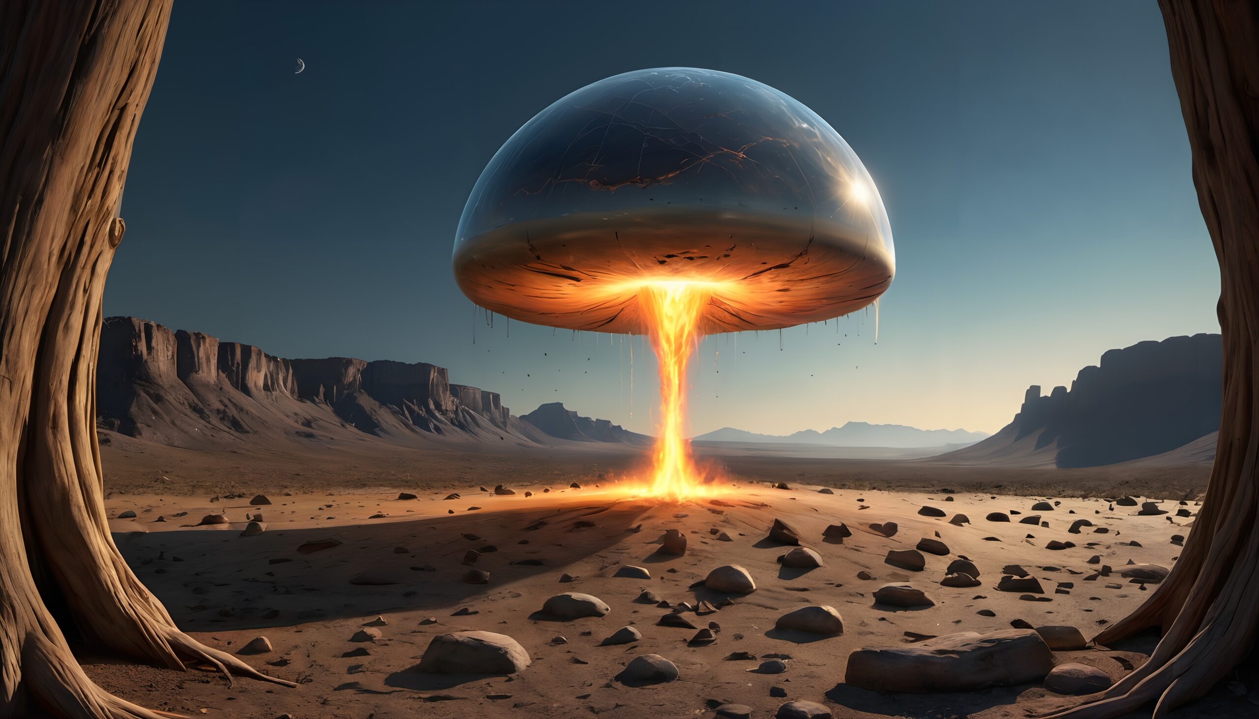Futuristic glowing dome over desert landscape.