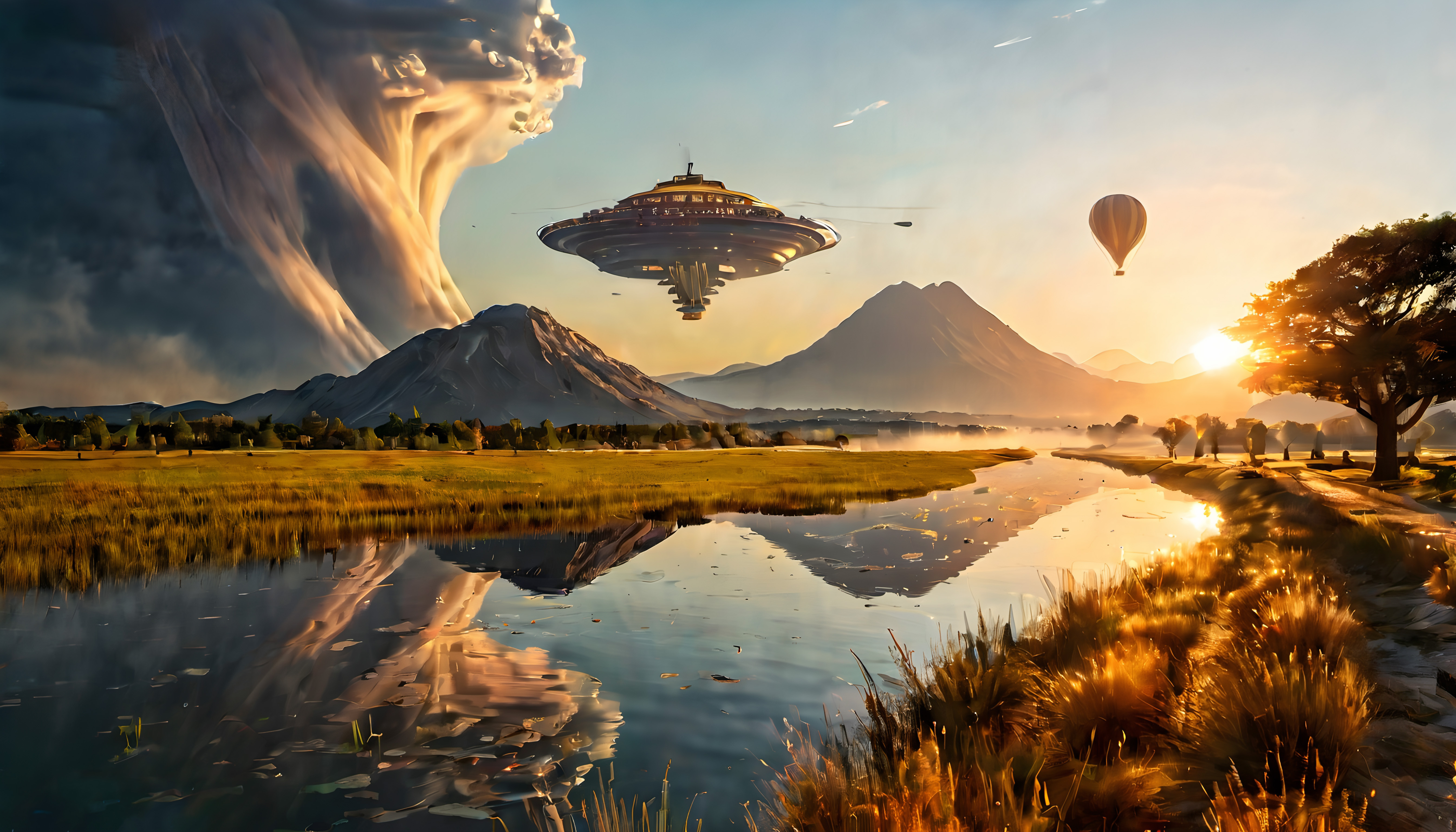 A futuristic landscape with a hovering spaceship, vibrant sunset, and tranquil river.