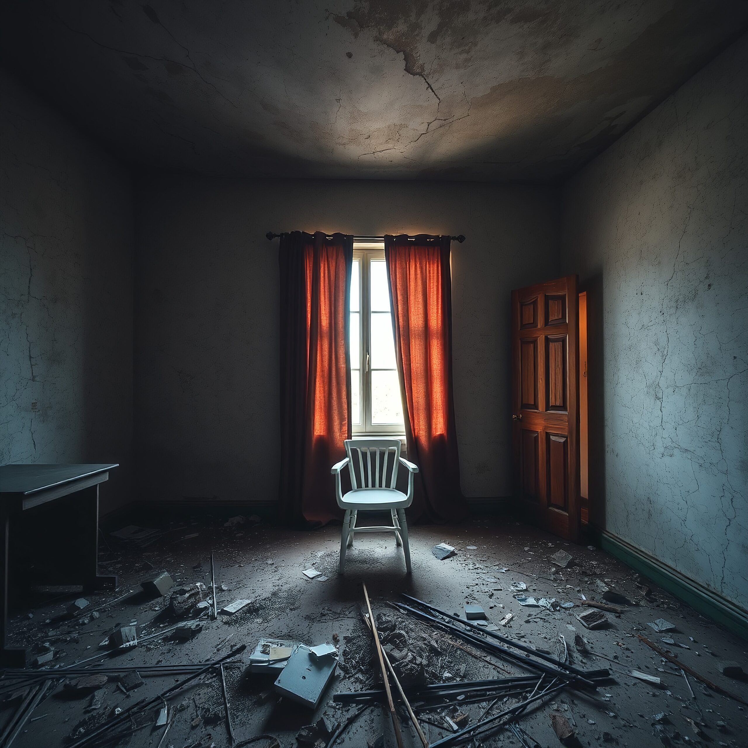 An abandoned room with red curtains, a white chair, and debris on the floor.