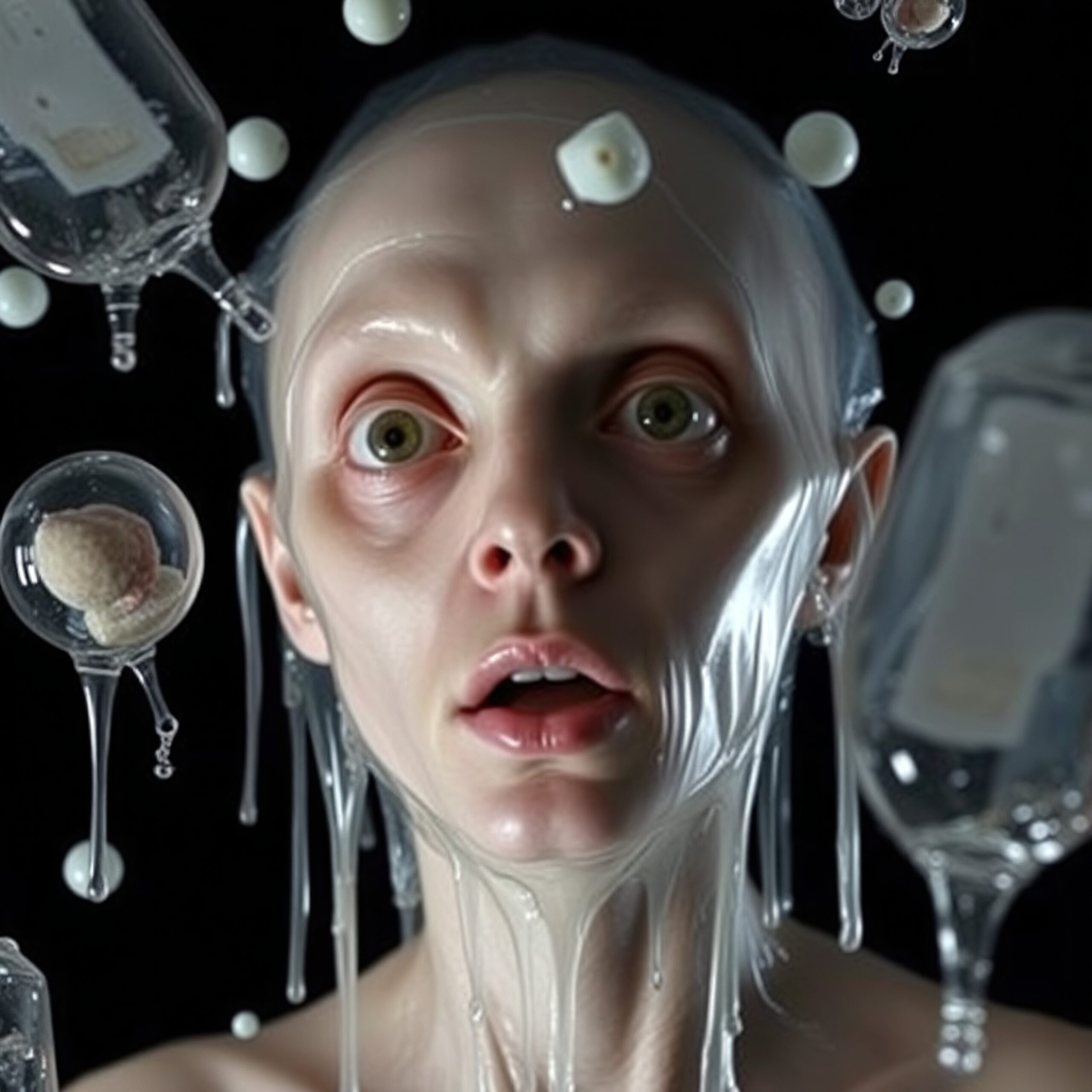 A surreal portrait of an alien-like figure with translucent floating objects and a glossy surface, set against a black background.