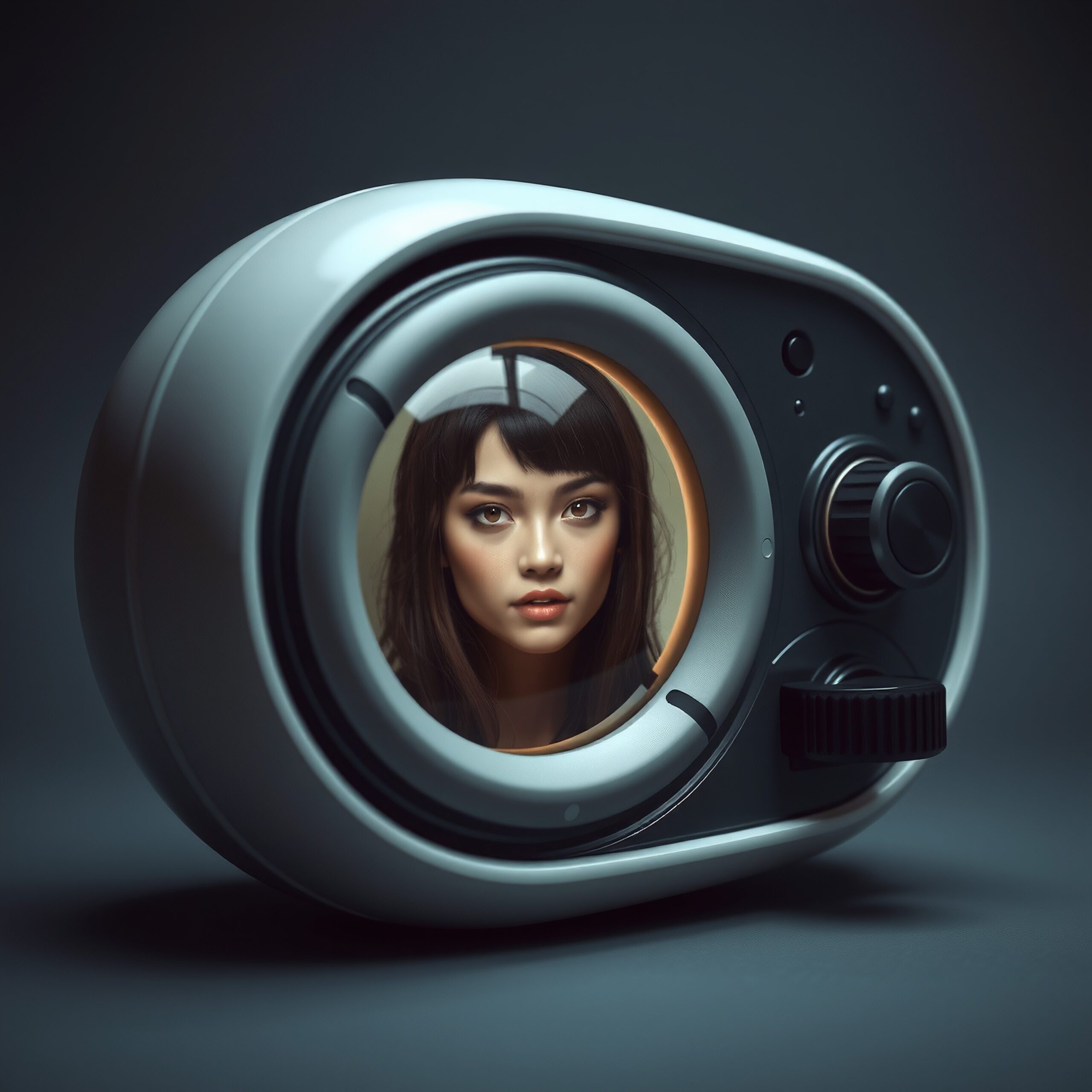 A futuristic device with a woman's digital portrait reflected in a circular frame, exuding mystery and modernity.