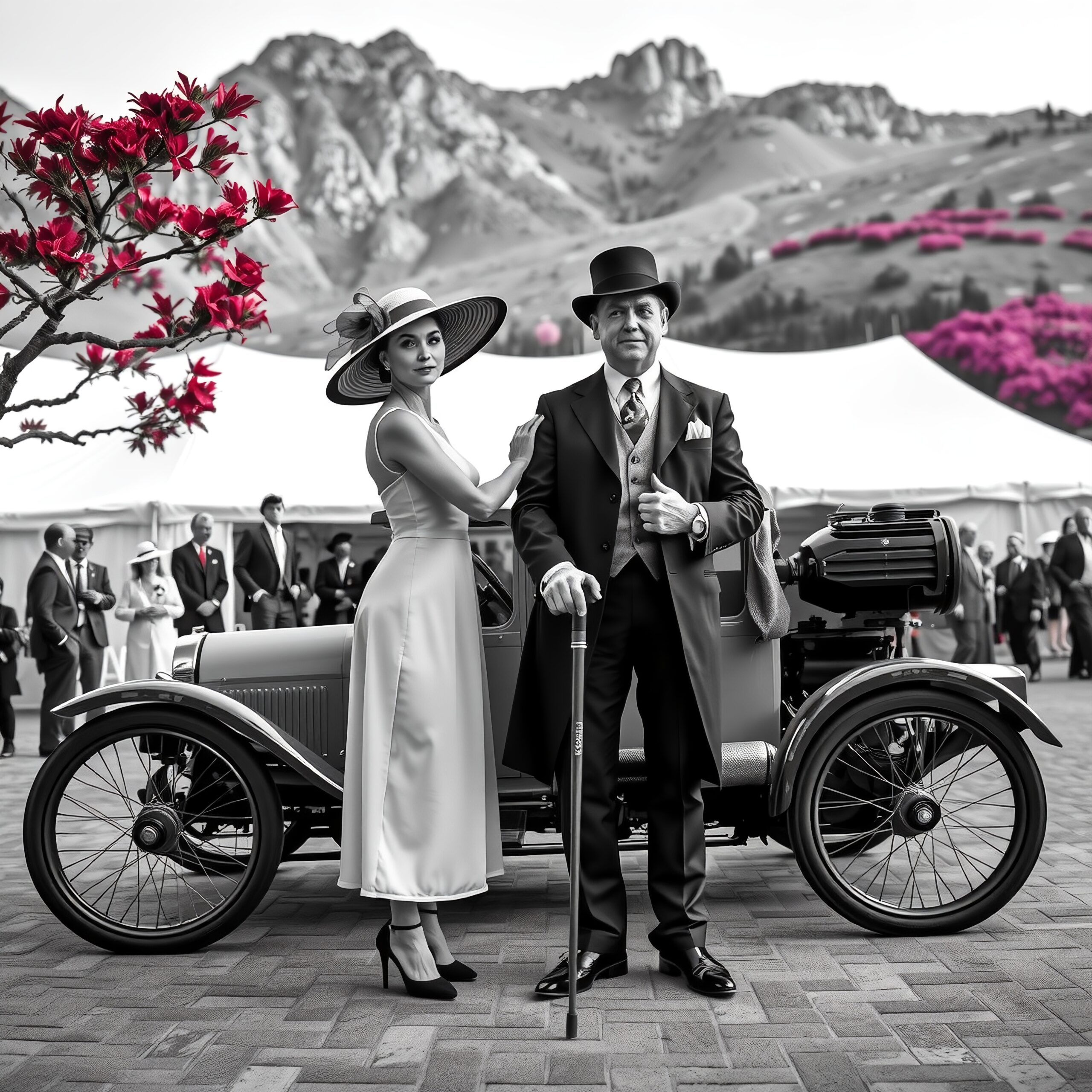 A sophisticated couple in vintage attire stands beside an antique car with scenic mountains and vibrant flowers in the background.