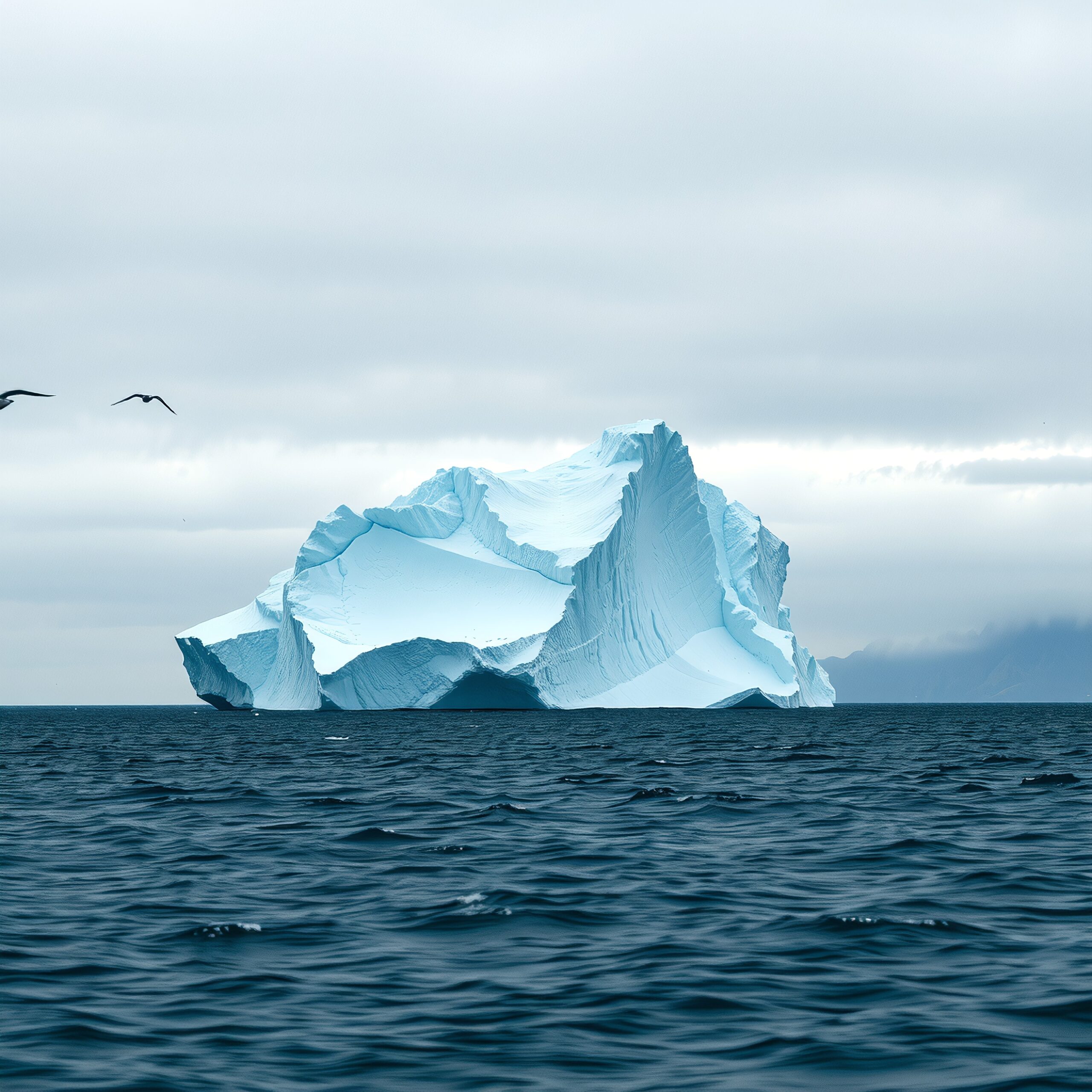 A large iceberg floating in the open ocean with gray clouds overhead and distant mountains, showcasing nature's majesty.