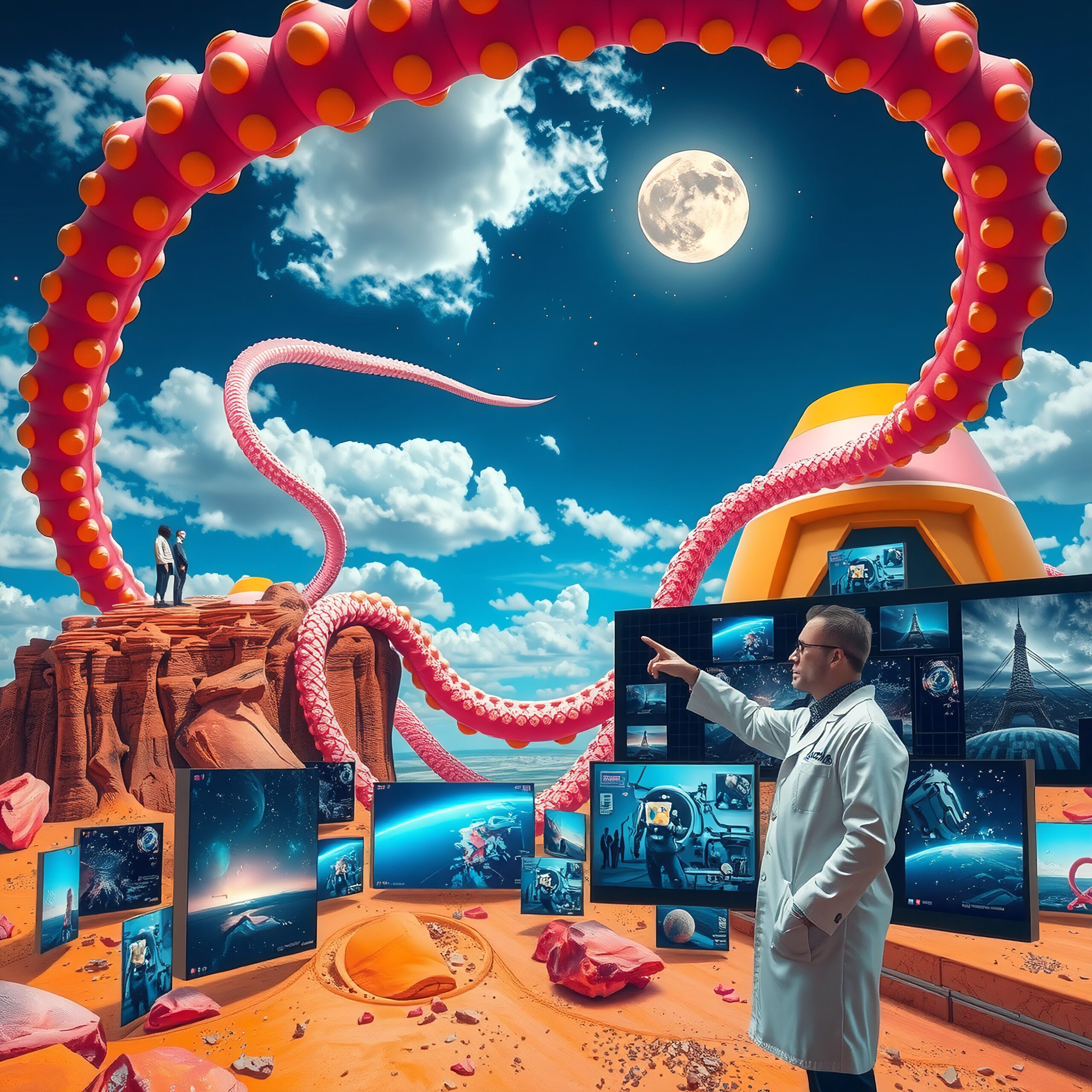 A surreal image of a pink tentacle in a futuristic landscape with a scientist and digital screens under a full moon sky.