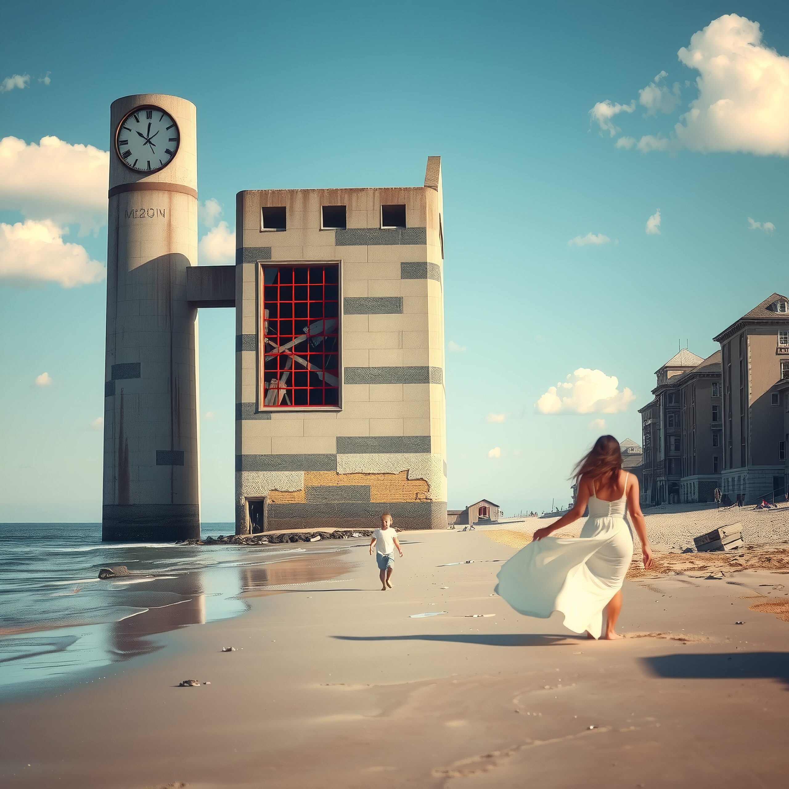 A woman and child walk along a sandy beach with a striking modern clocktower in the background.