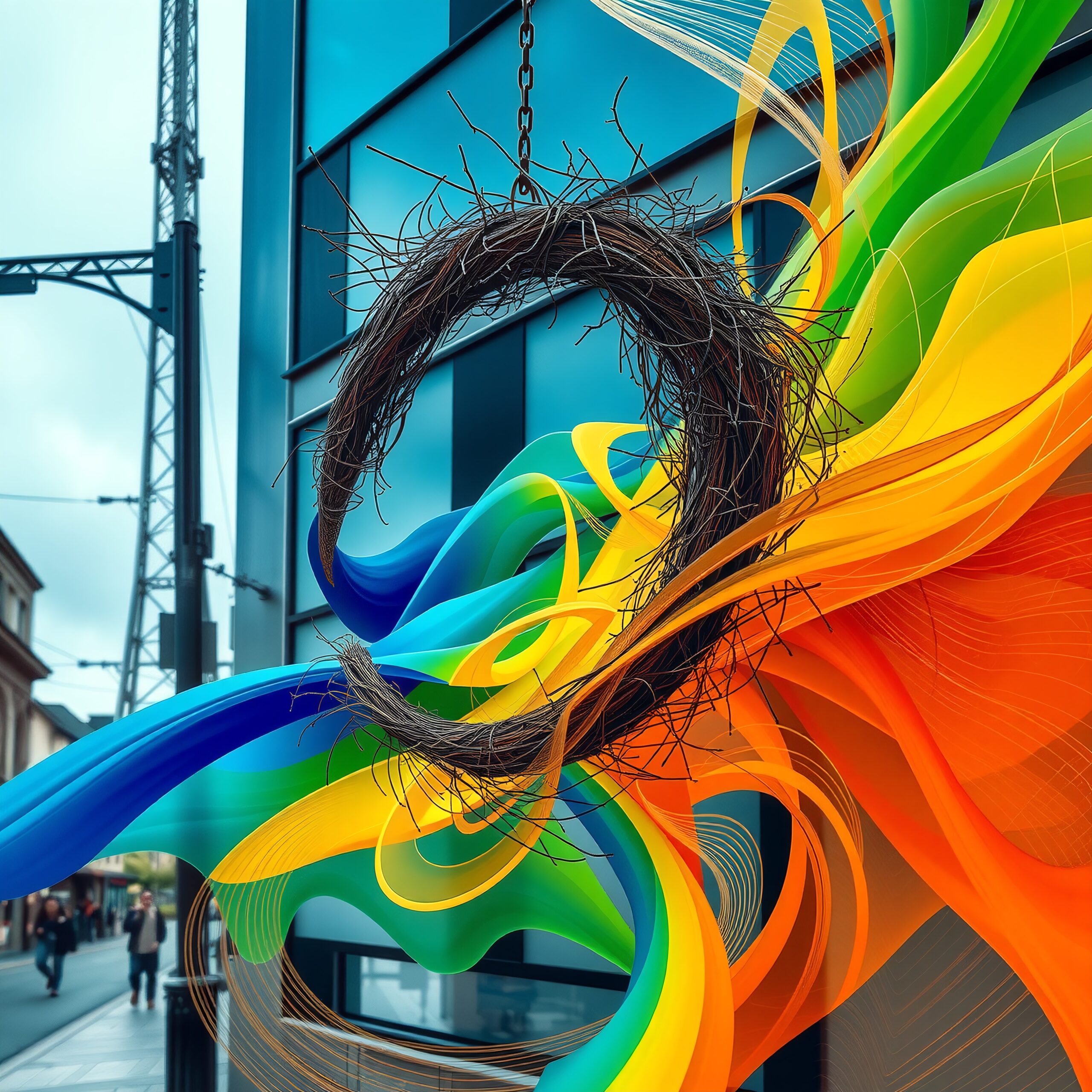 A vibrant wreath accentuates modern urban architecture with swirling colors.