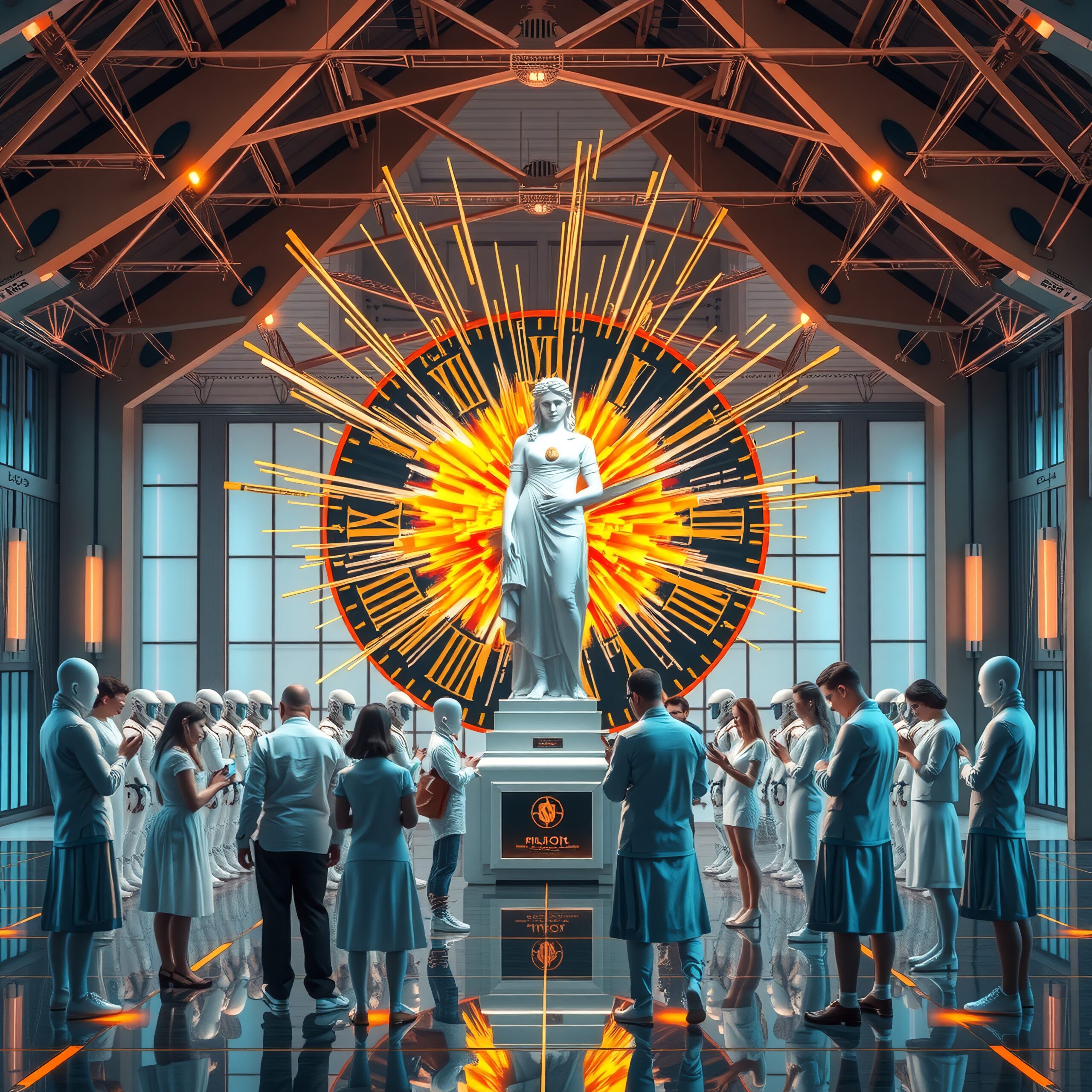 A futuristic hall with people surrounding a grand statue, illuminated by a bright radial light display.