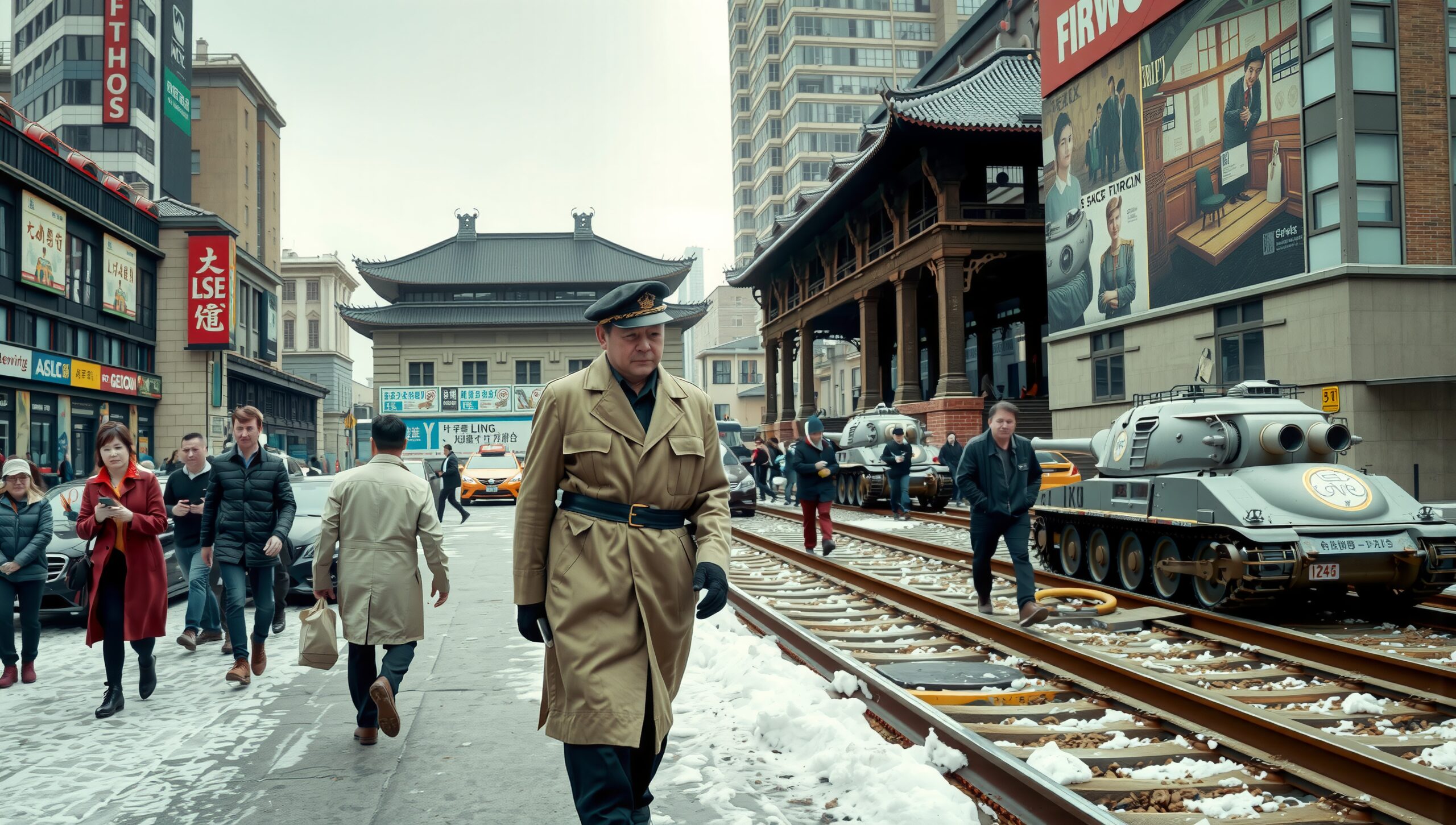 City street in winter, bustling pedestrians, tanks, snow-covered tracks, urban architecture.