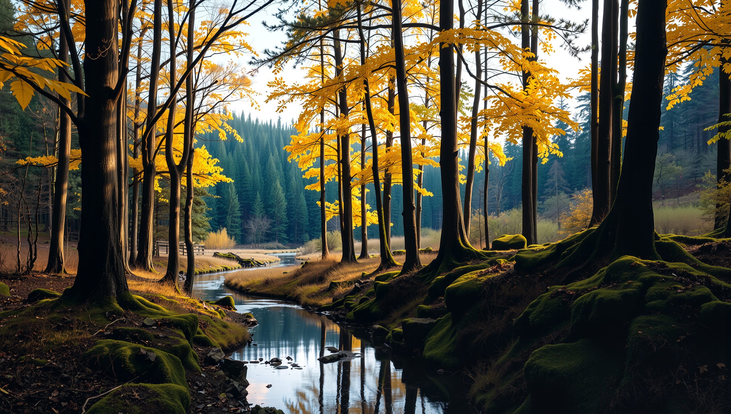 A serene forest scene with sunlight streaming through golden autumn leaves, casting reflections on a tranquil stream surrounded by mossy ground.