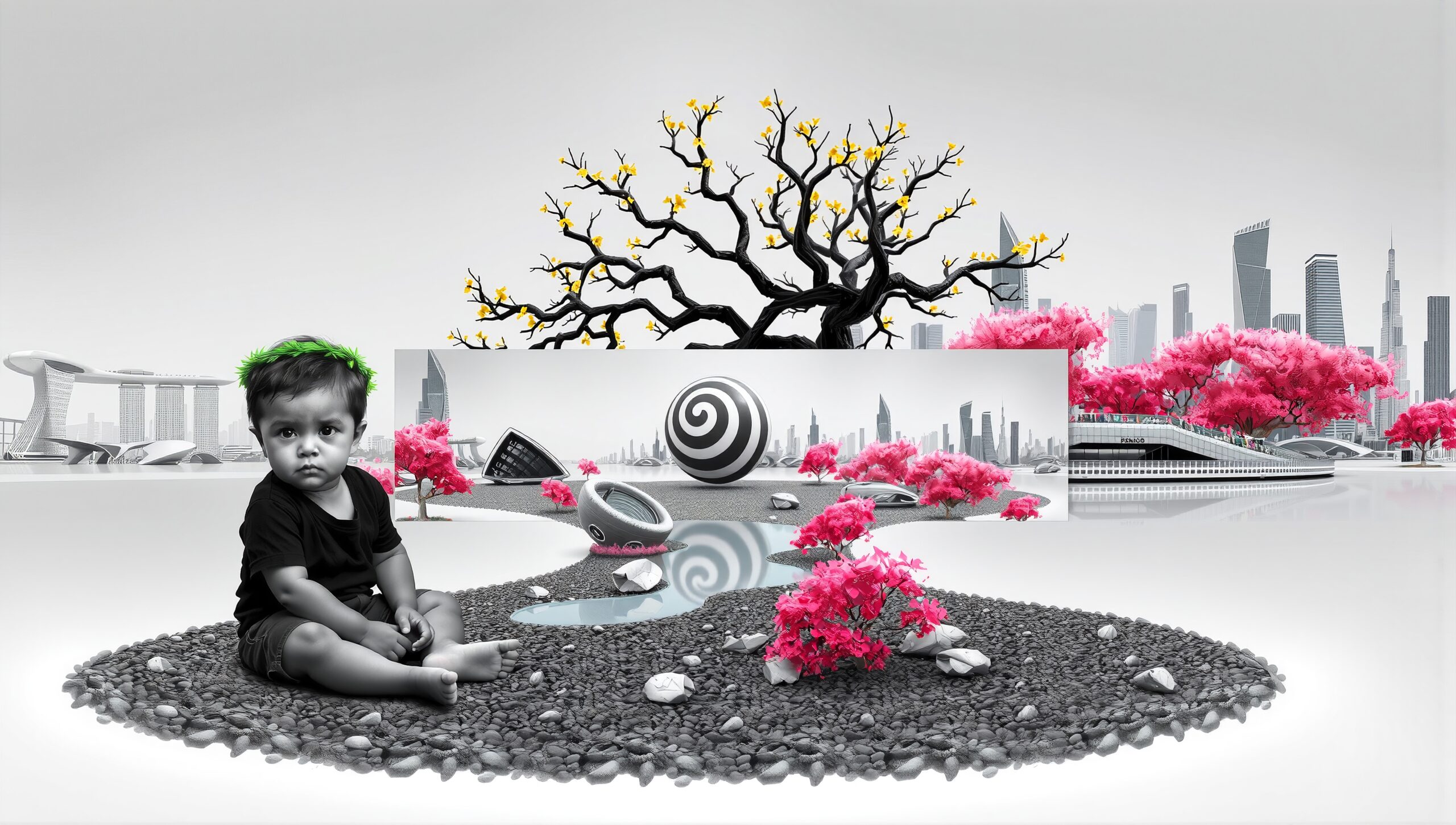 A child sits amidst a surreal futuristic cityscape with pink trees and abstract objects.