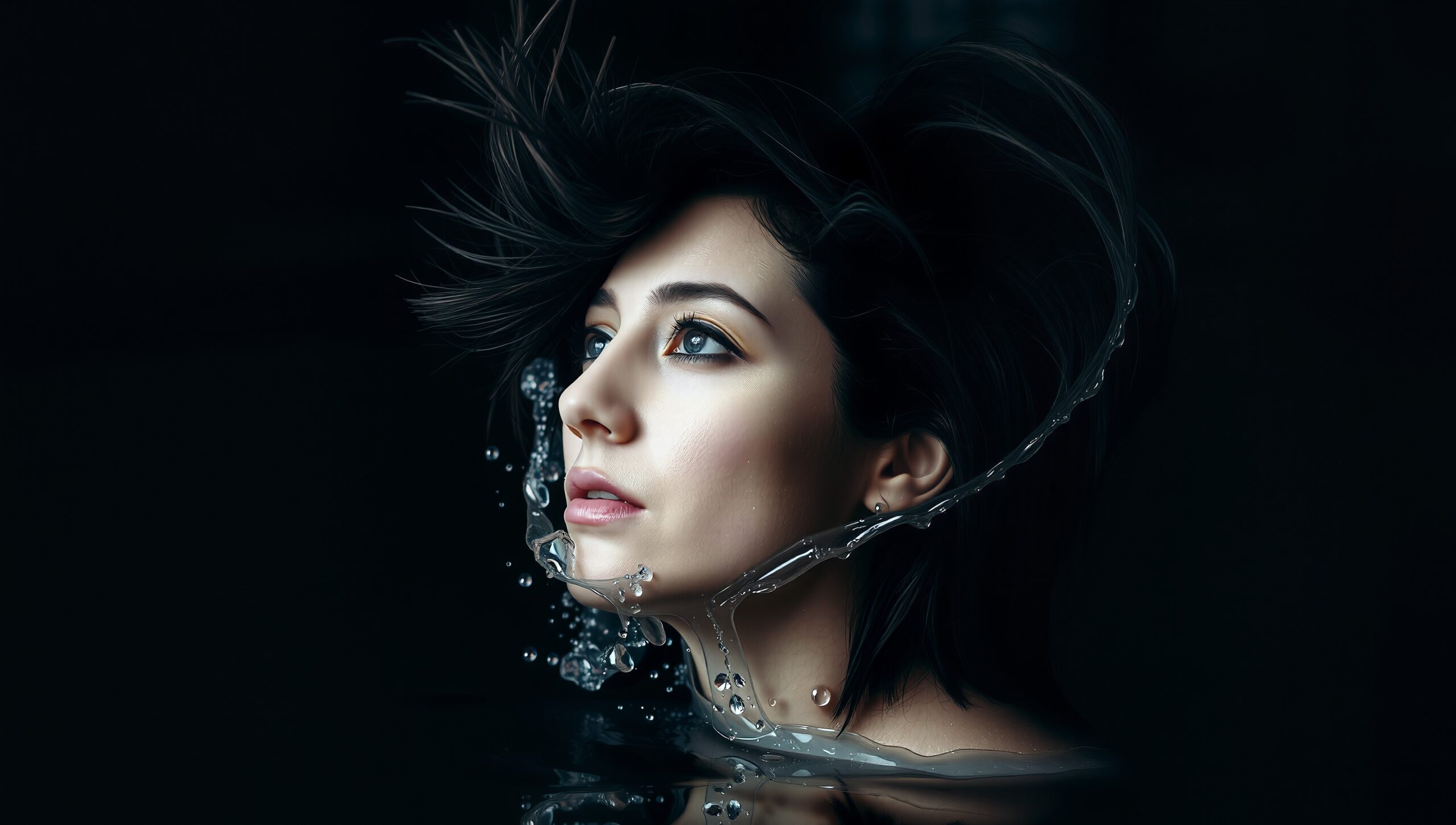 An ethereal portrait of a woman surrounded by splashing water droplets, her dramatic features and piercing blue eyes striking against a dark background.