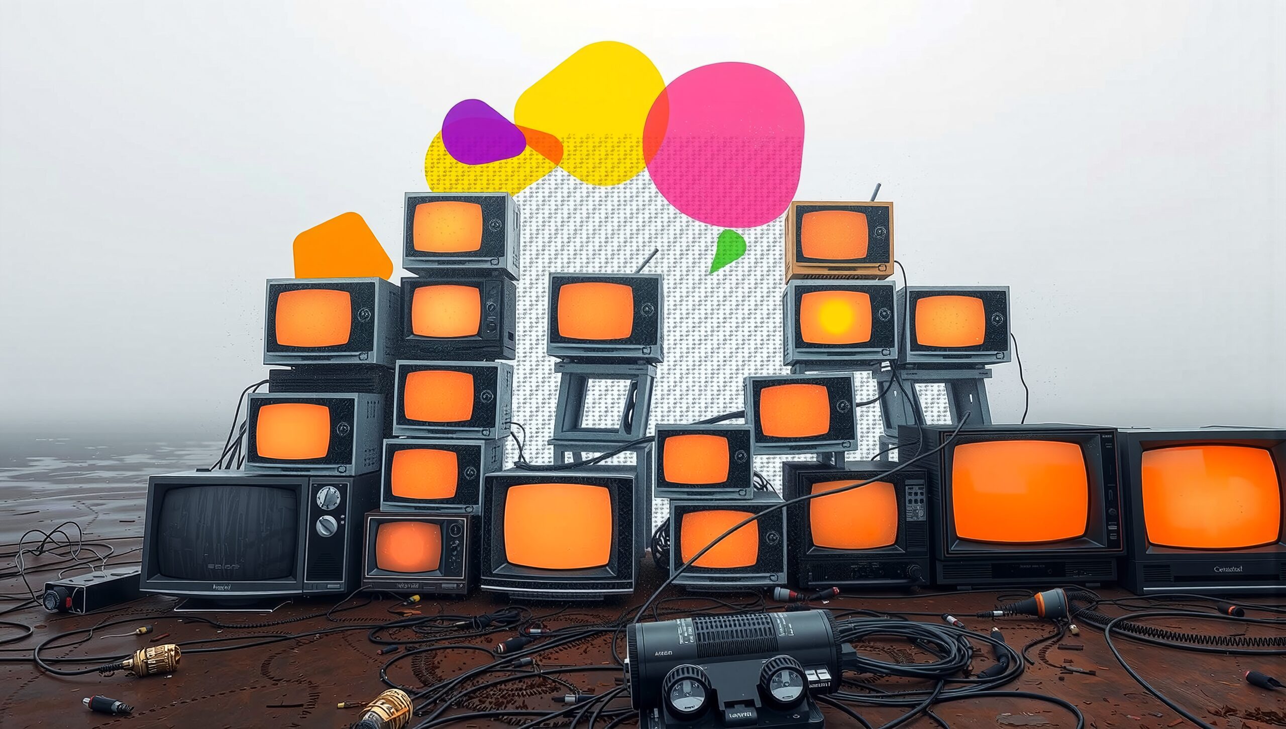 Stacked vintage TVs with colorful speech bubbles floating above, illustrating a blend of retro and digital aesthetics.
