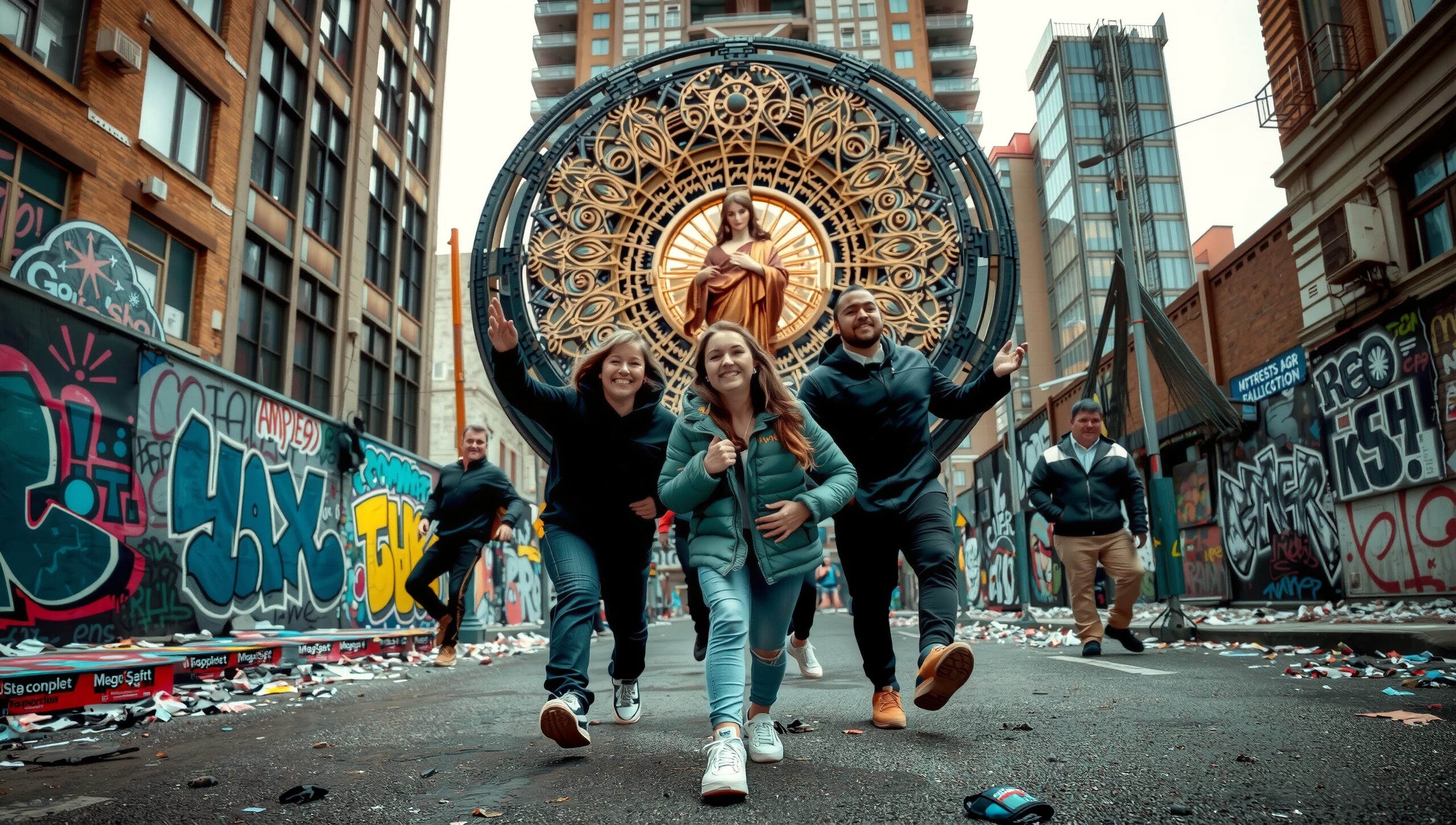 Group of people running in a graffiti-covered urban street with an artistic sculpture in the background.