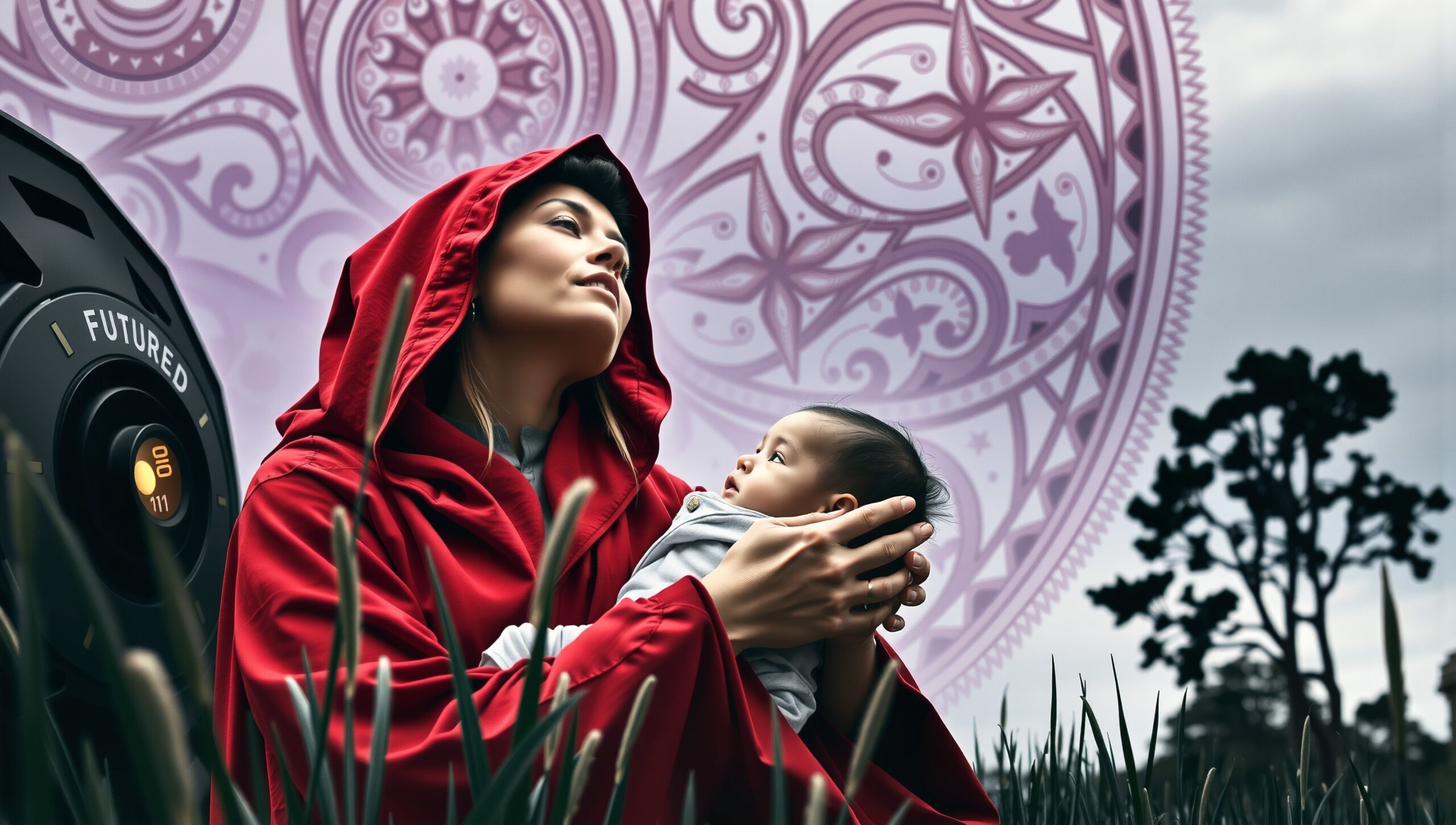 A woman in a red cloak holding a baby sits near a futuristic wheel with a mandala background.