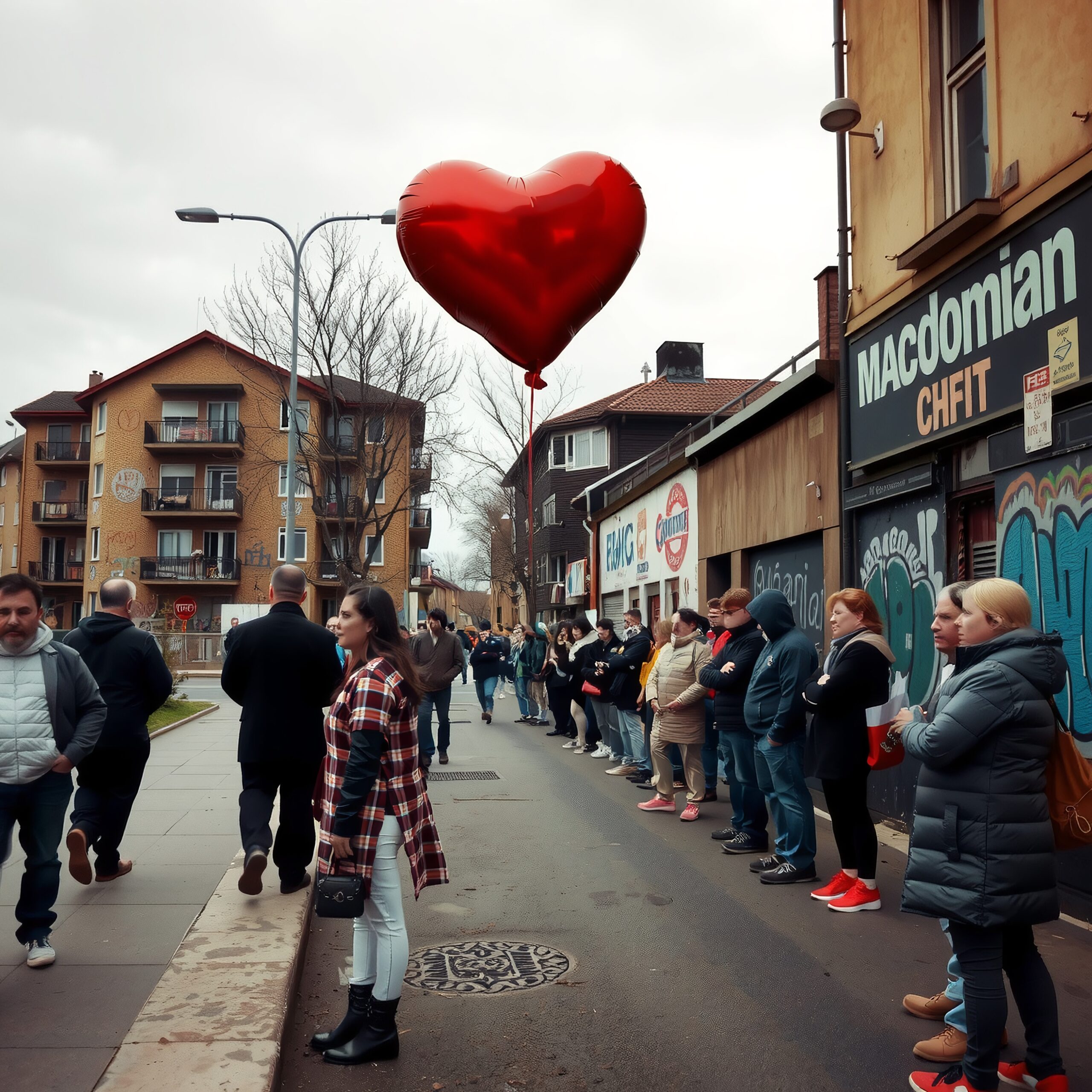 A line of people on a city street with a large red heart-shaped balloon.