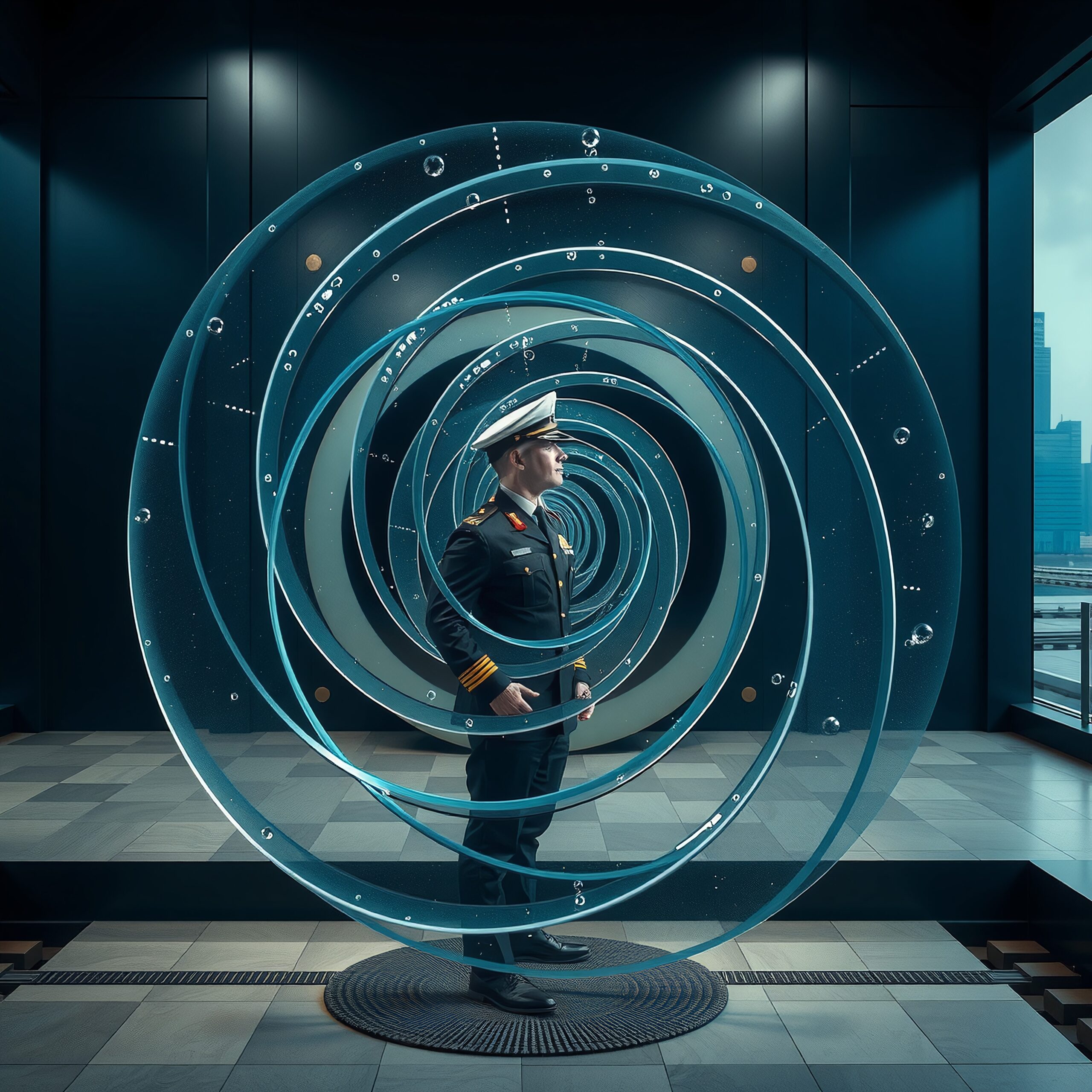 A person in a futuristic military uniform stands inside concentric rings with city view.