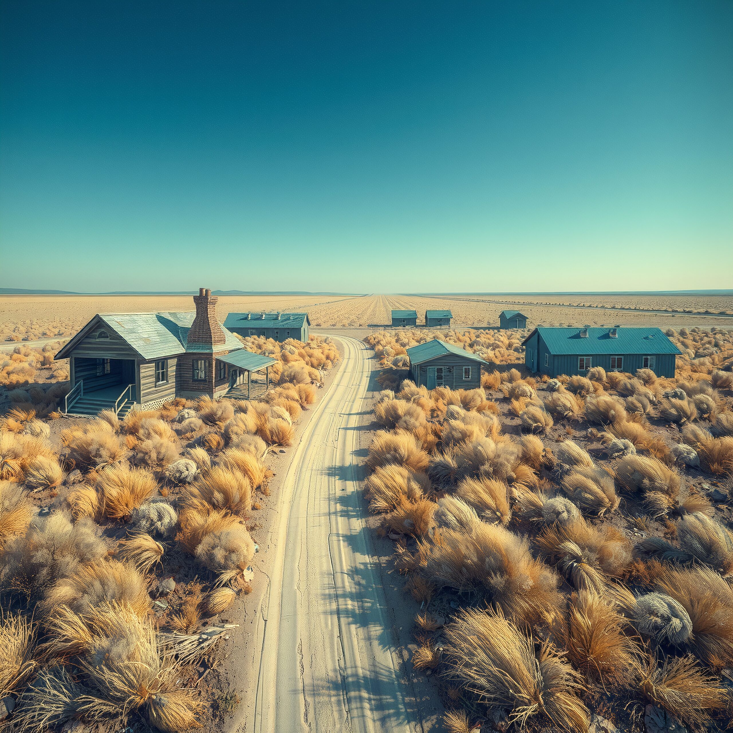 Aerial view of scattered houses in dry desert landscape.