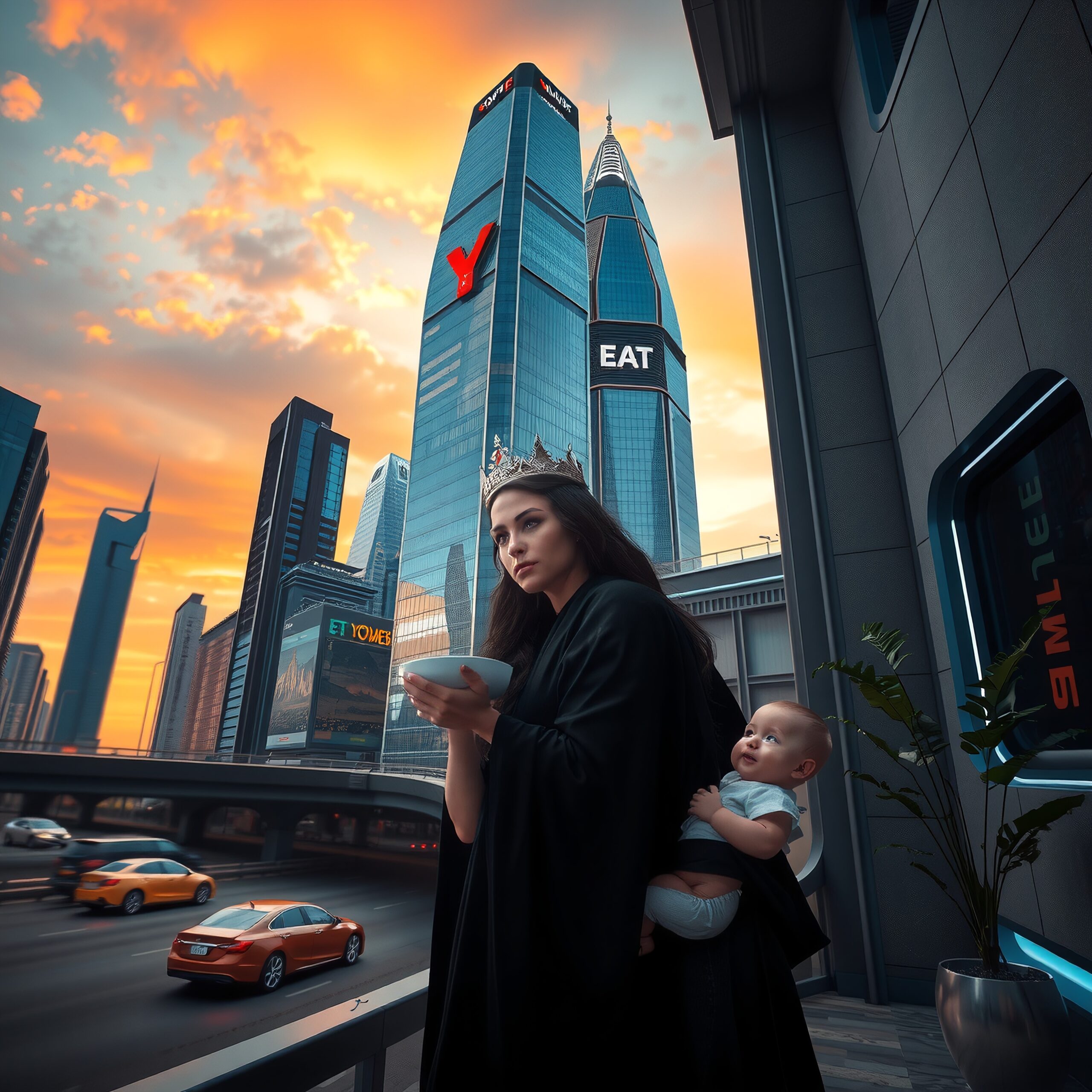 A crowned woman and baby stand on a balcony, overlooking a modern city skyline at sunset.
