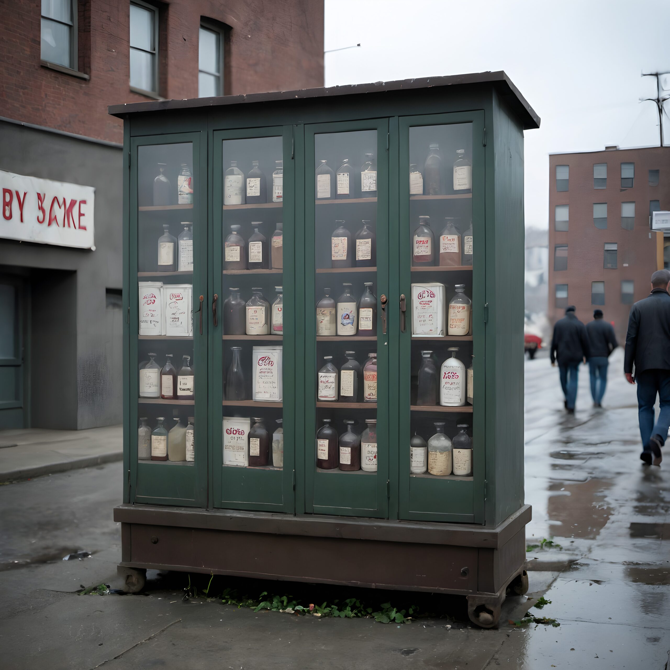 A vintage glass cabinet filled with bottles stands on a rainy urban sidewalk, with pedestrians and buildings in the background.