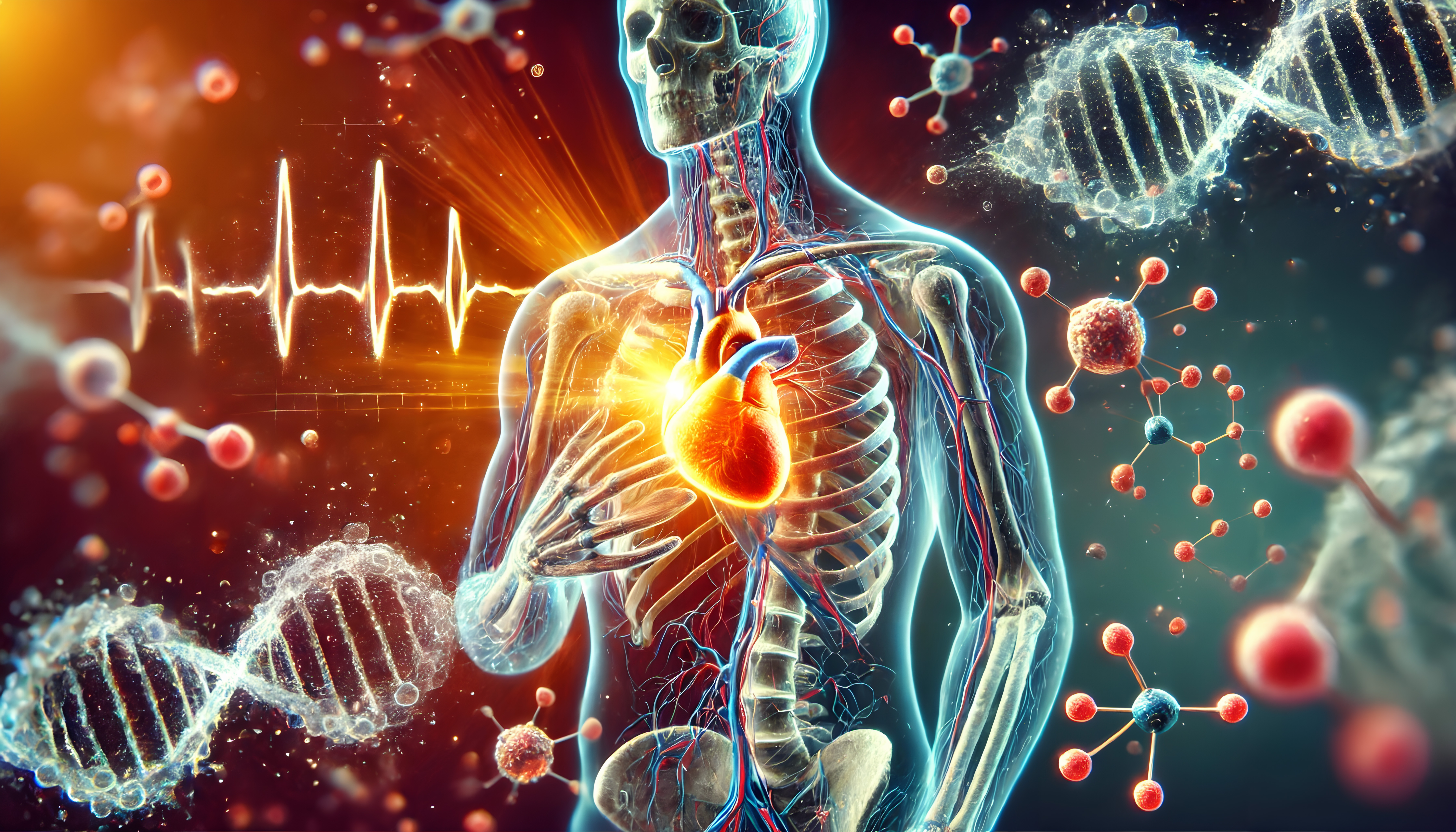 Detailed illustration of human anatomy highlighting the heart, DNA strands, and molecular structures against a cosmic backdrop.