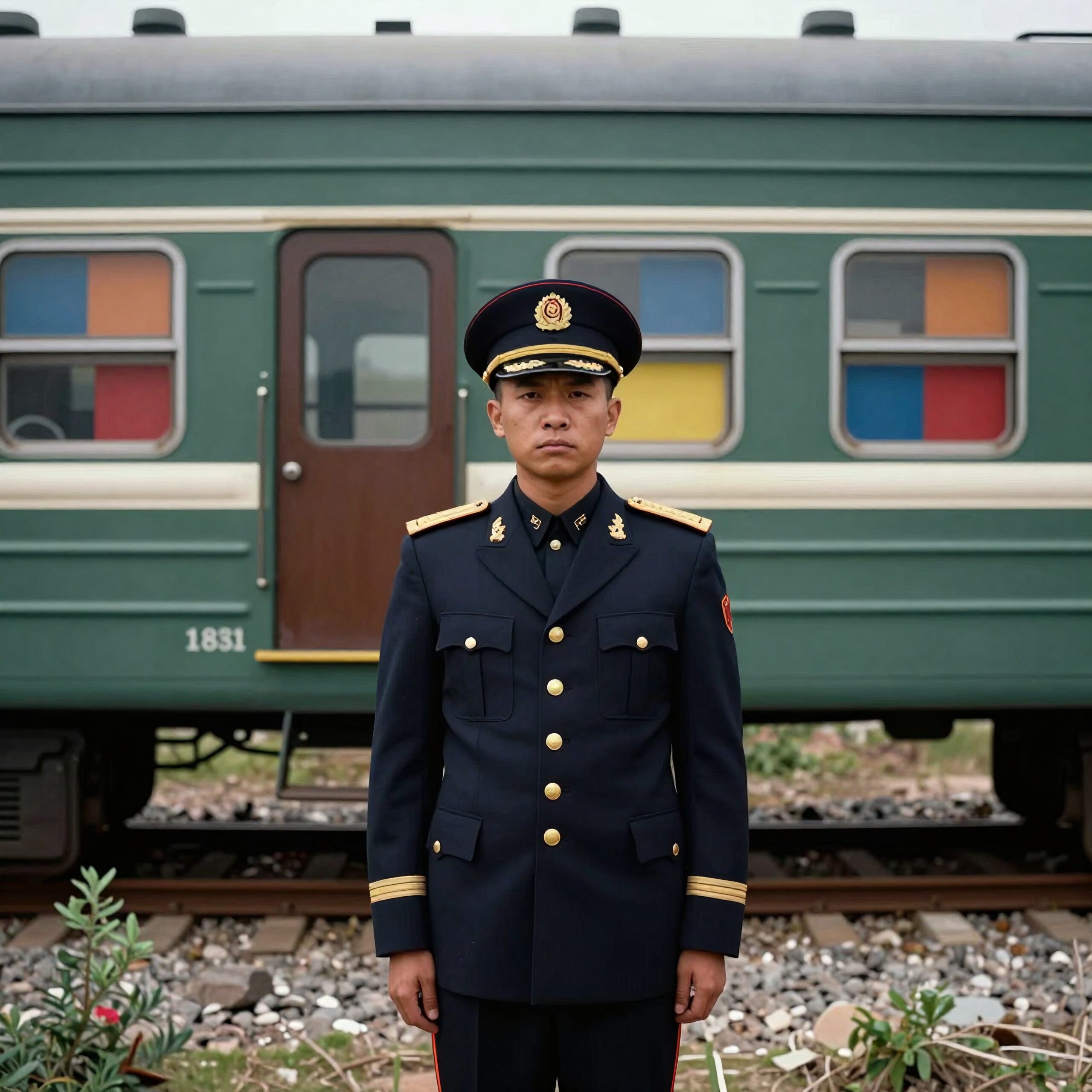 Man in military uniform stands before a colorful train.