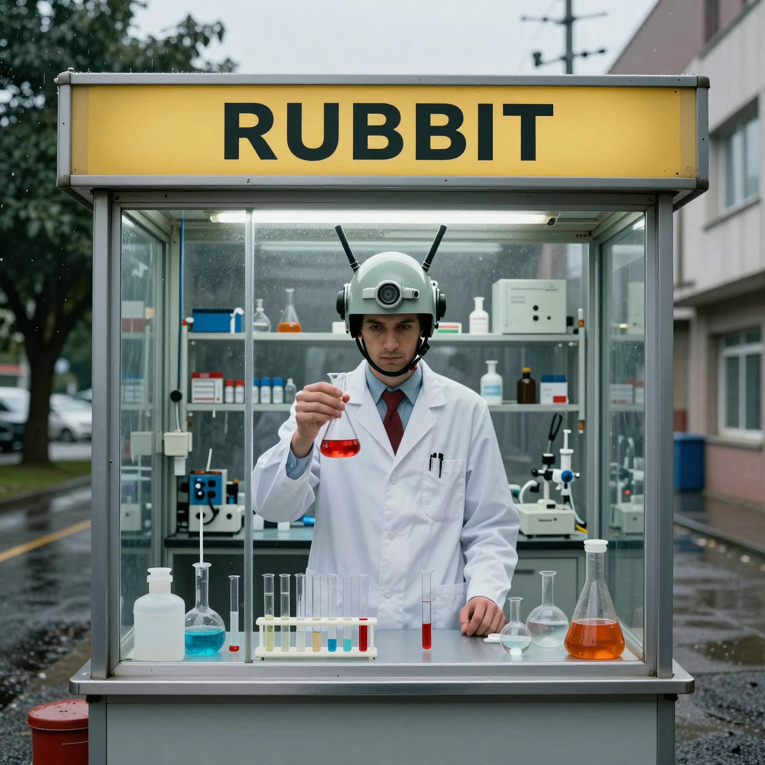 A scientist in a rain-covered outdoor lab, labeled "RUBBIT," examines a red liquid in a test tube, merging science fiction with reality.