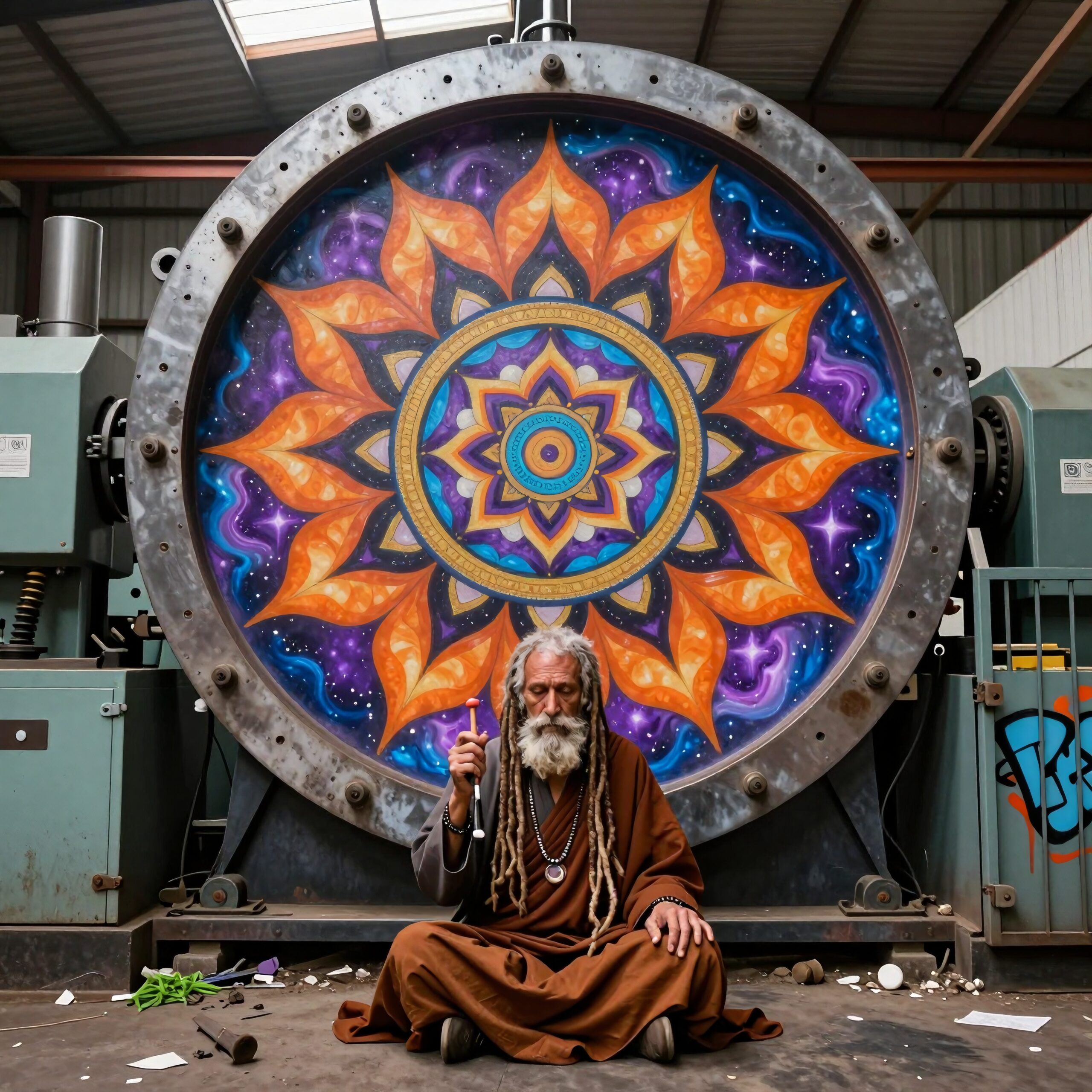 Elder in brown robe meditates before vibrant mandala in industrial setting.
