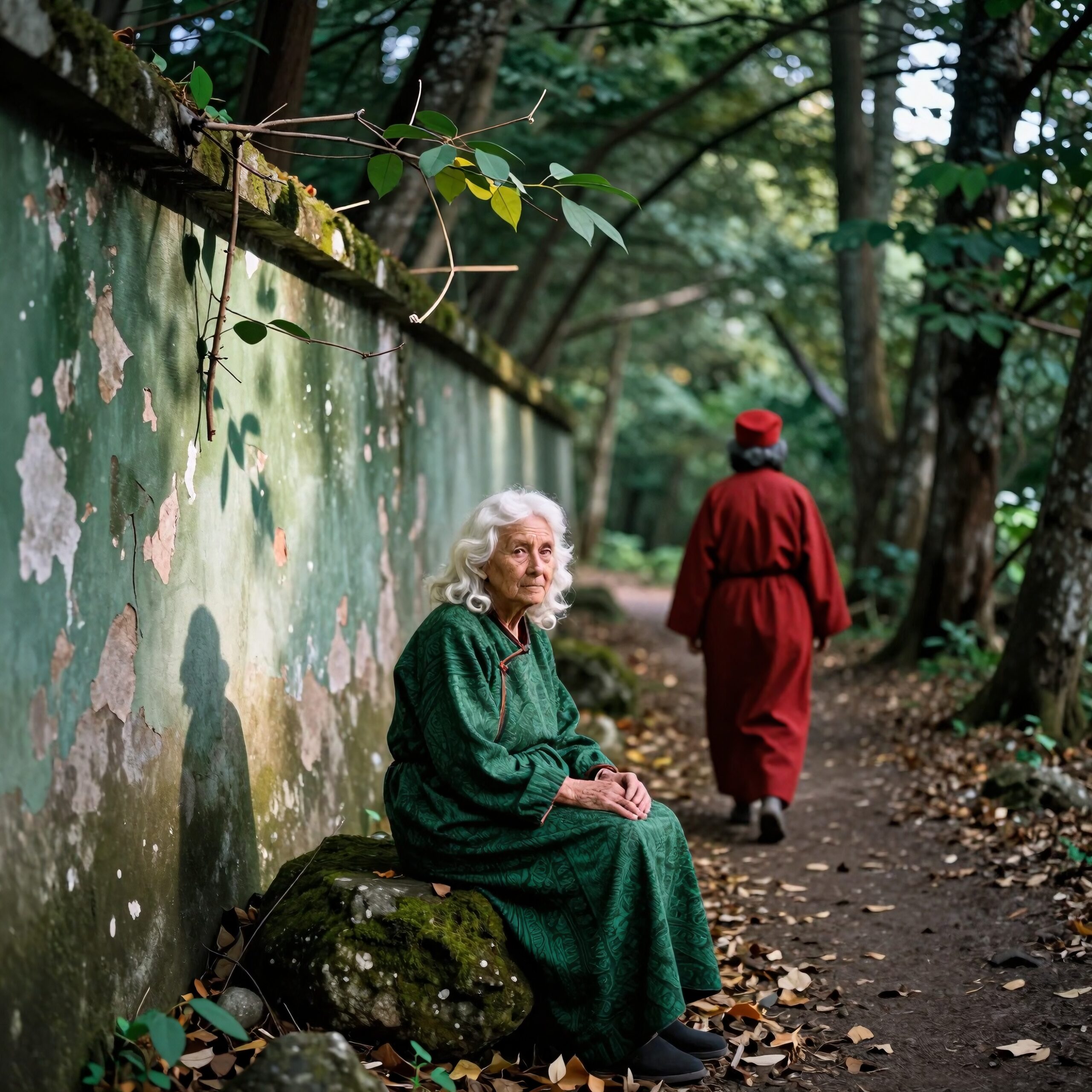 Elderly woman in green robe sitting on mossy rock beside a forest path, with another person walking away.