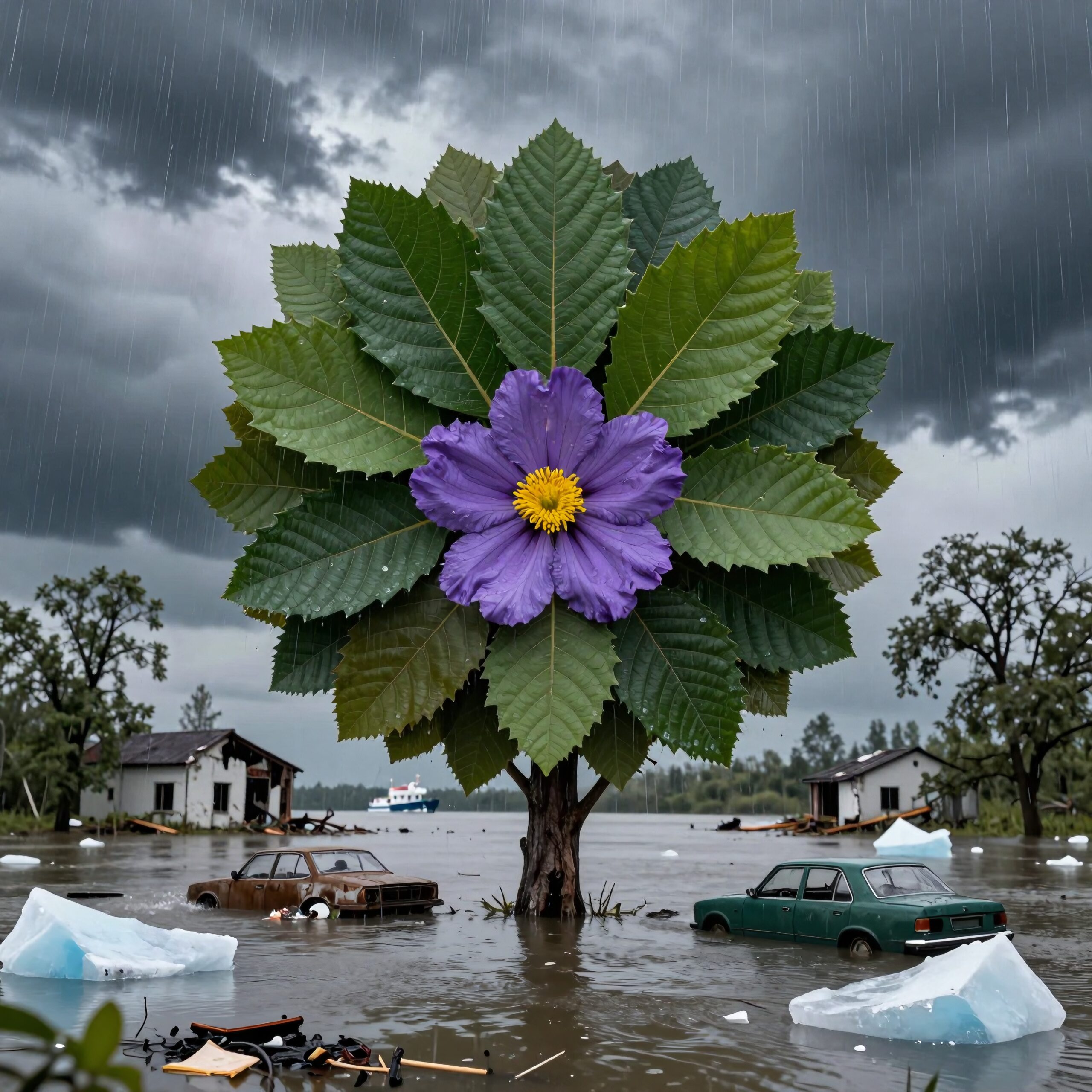 A large purple flower blooms against a stormy sky, surrounded by floodwaters and submerged cars, symbolizing resilience amidst adversity.