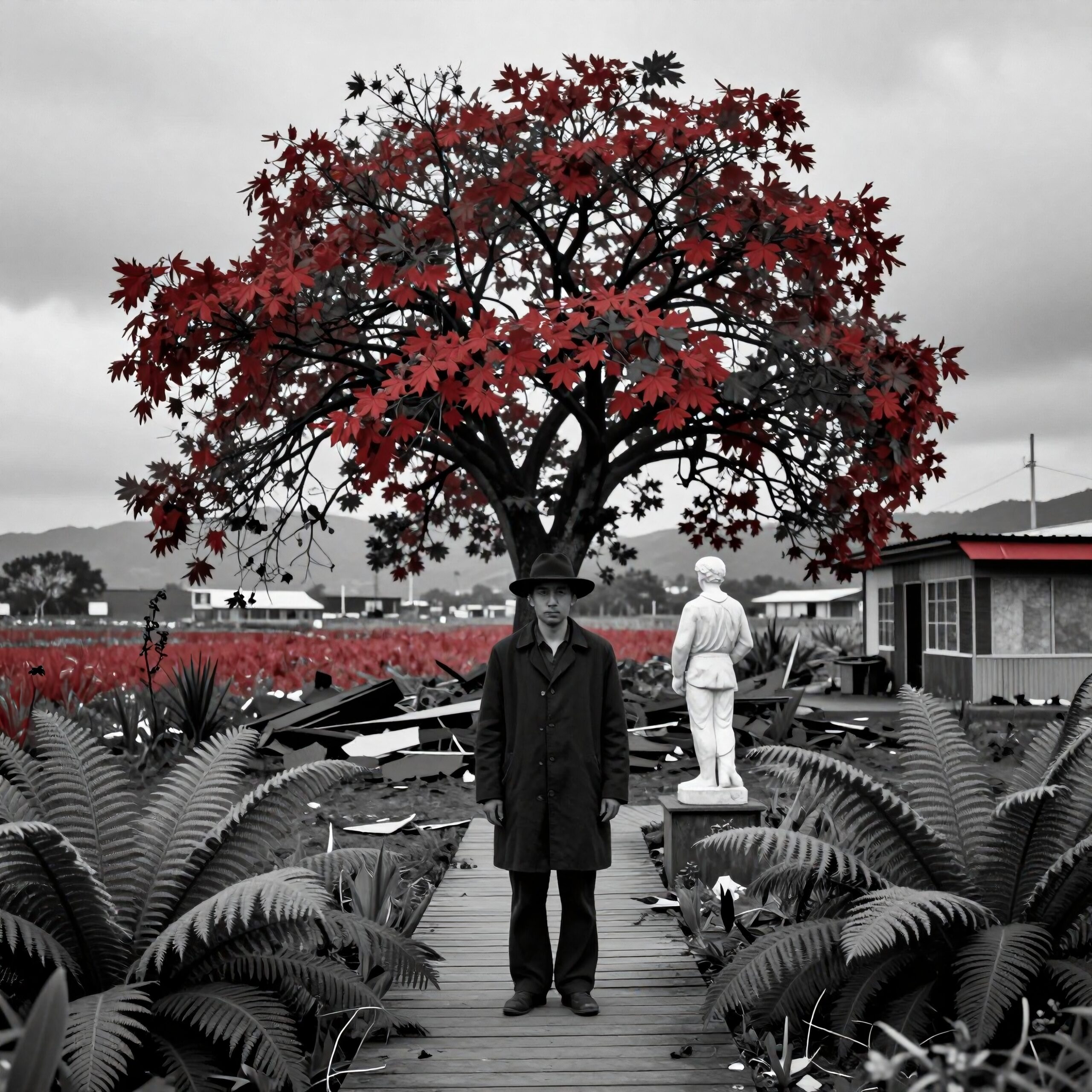 A man stands beneath a vivid red-leafed tree amidst a monochrome landscape with a statue and house.