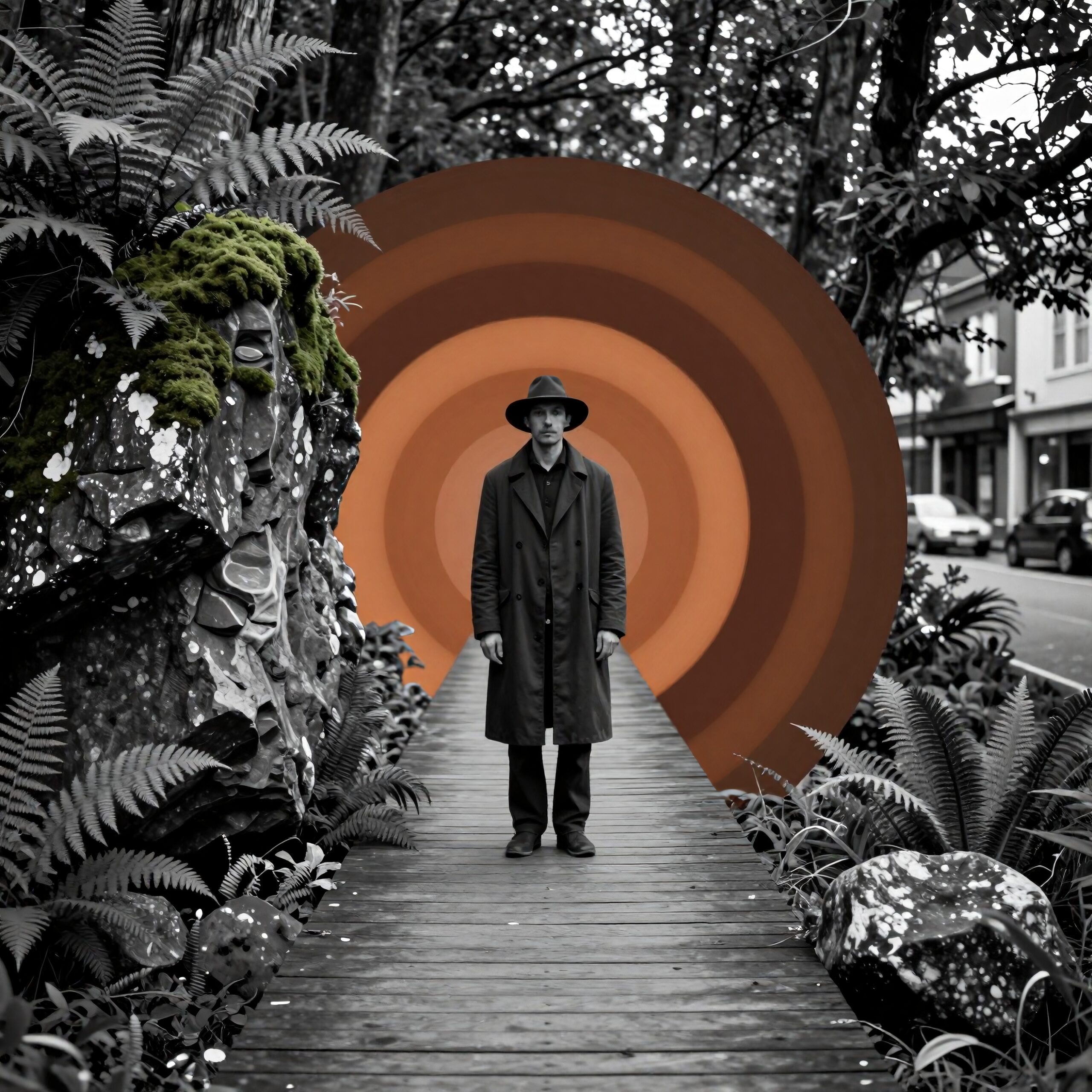A man in a mysterious coat and hat stands on a pathway with a surreal orange portal, blending urban and natural elements.