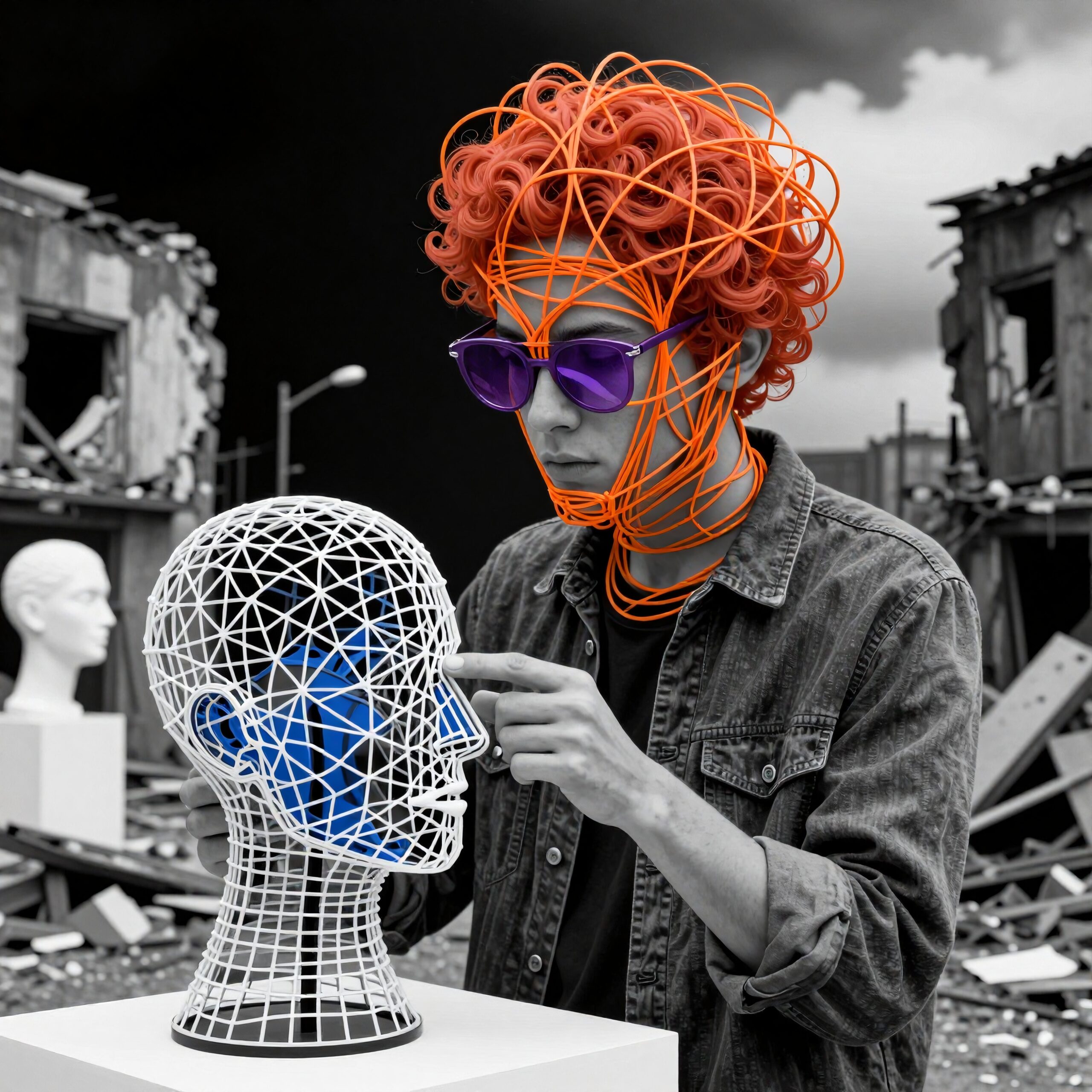 A futuristic scene with a person examining a wireframe head sculpture in a ruined setting, combining art and technology.