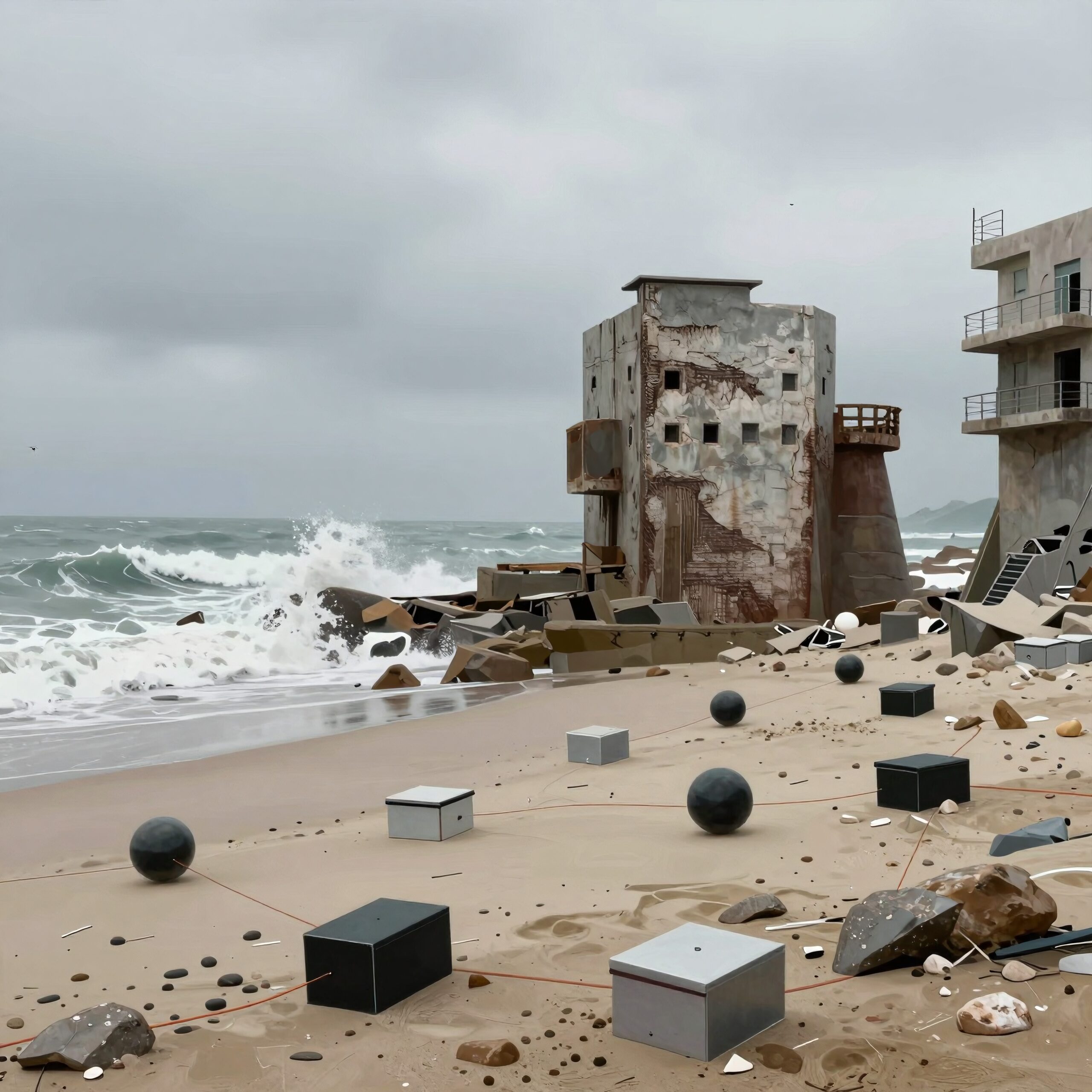 A stormy beach with geometric objects scattered on the sand in front of a dilapidated building and crashing waves.