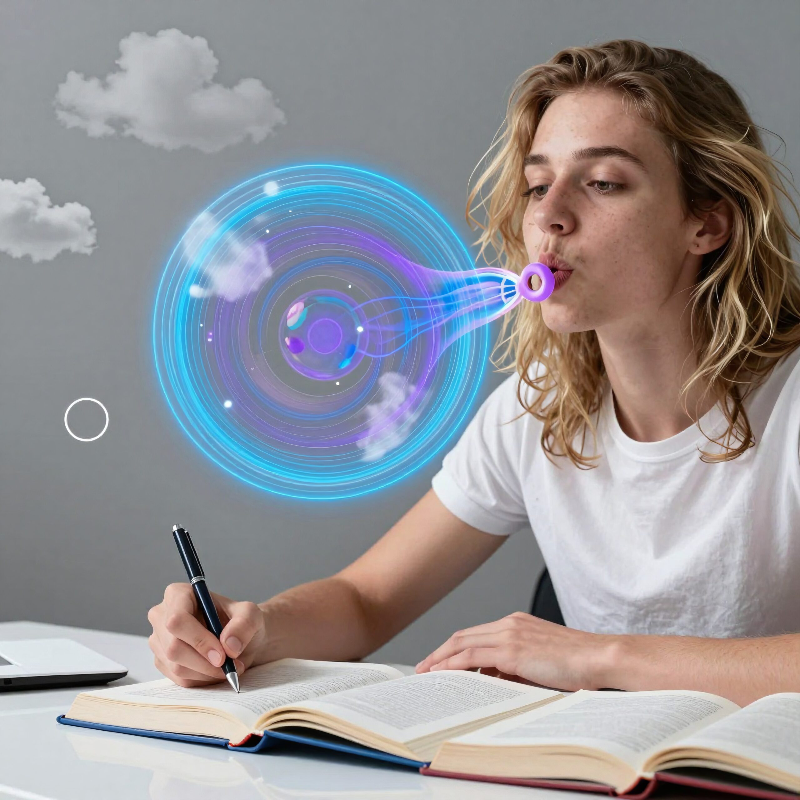Young person studying with a surreal, magical portal effect emerging from their mouth.