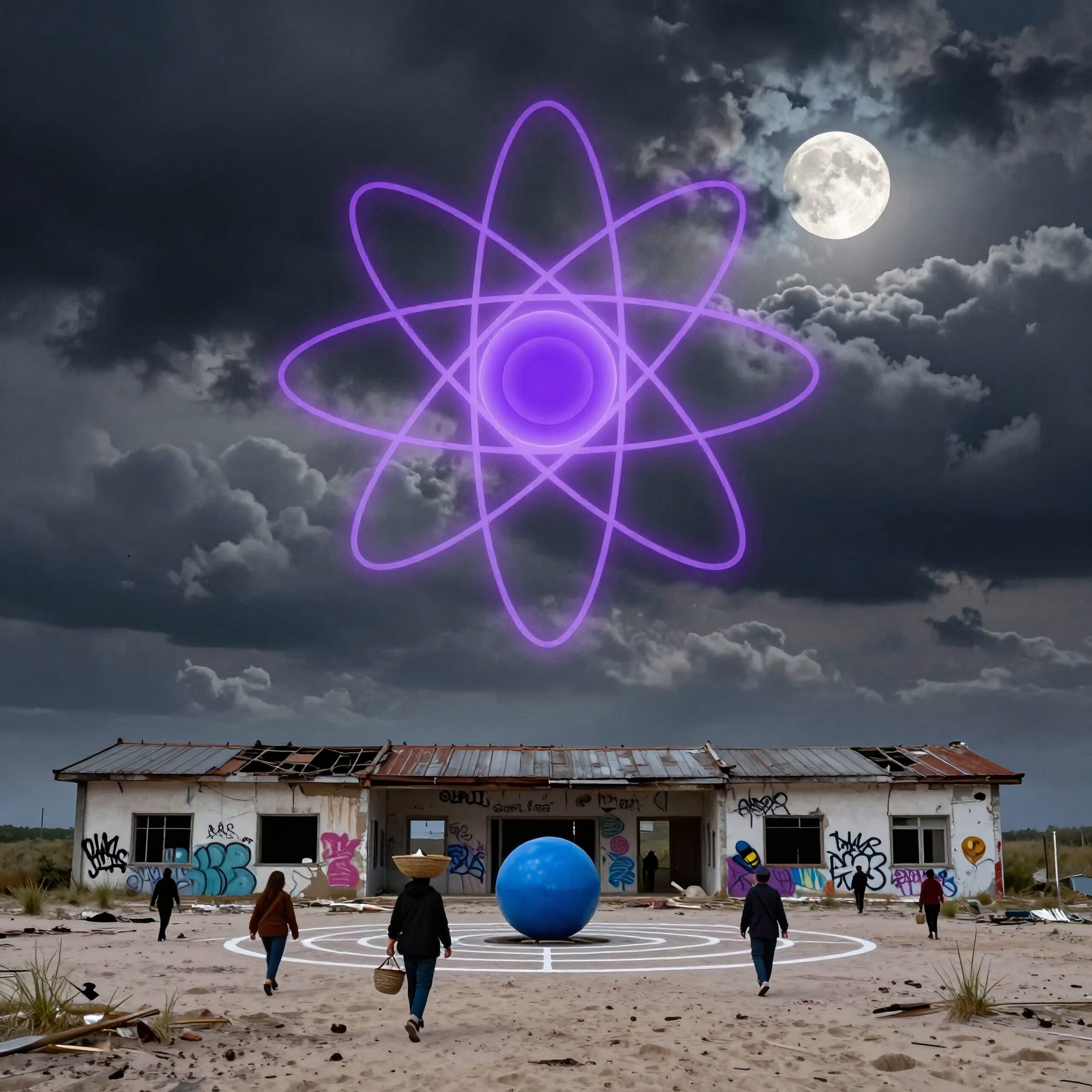 Abandoned building with glowing atom symbol in sky.
