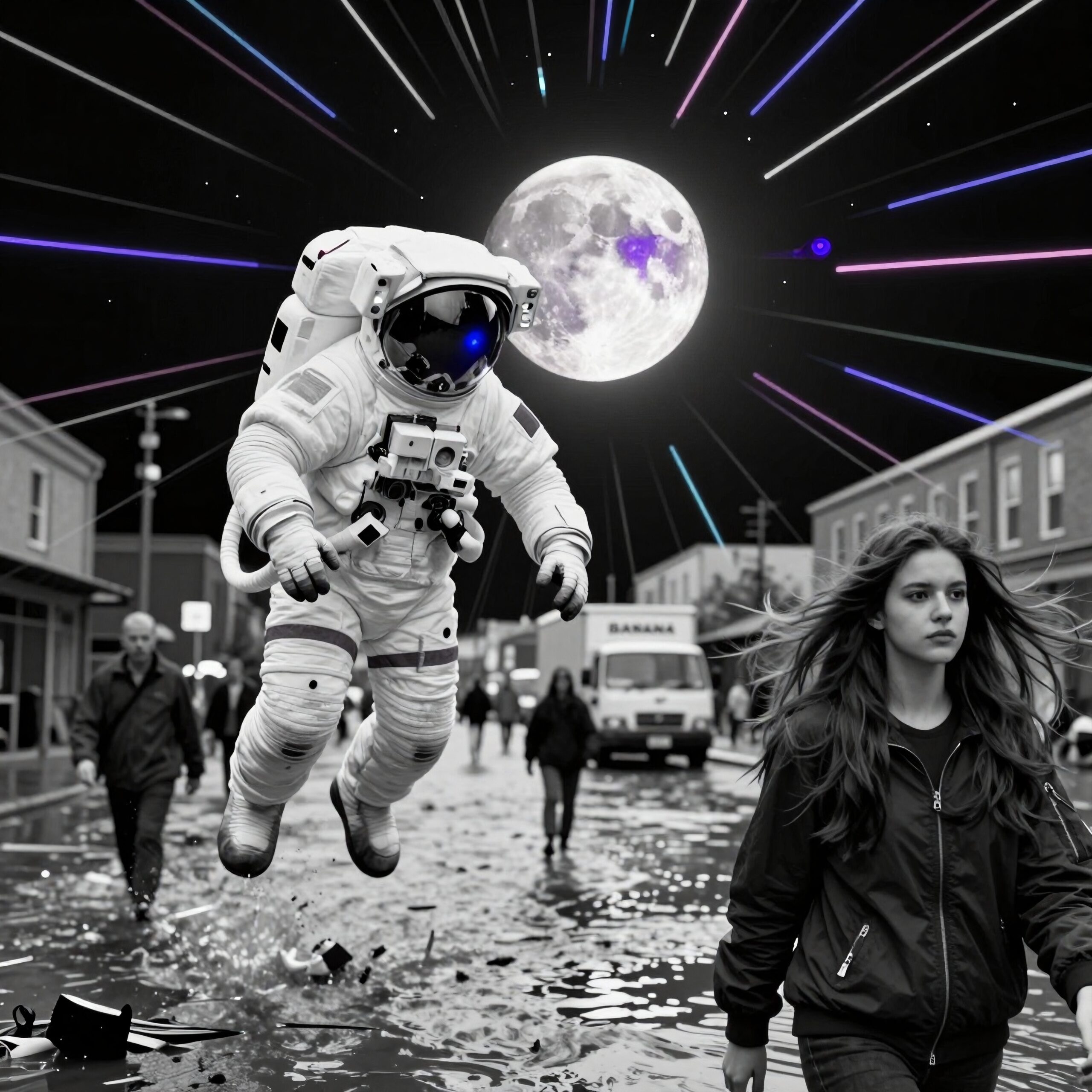 A surreal scene of an astronaut floating on a city street at night, with a young woman walking by and the moon shining above, against a dramatic sky.