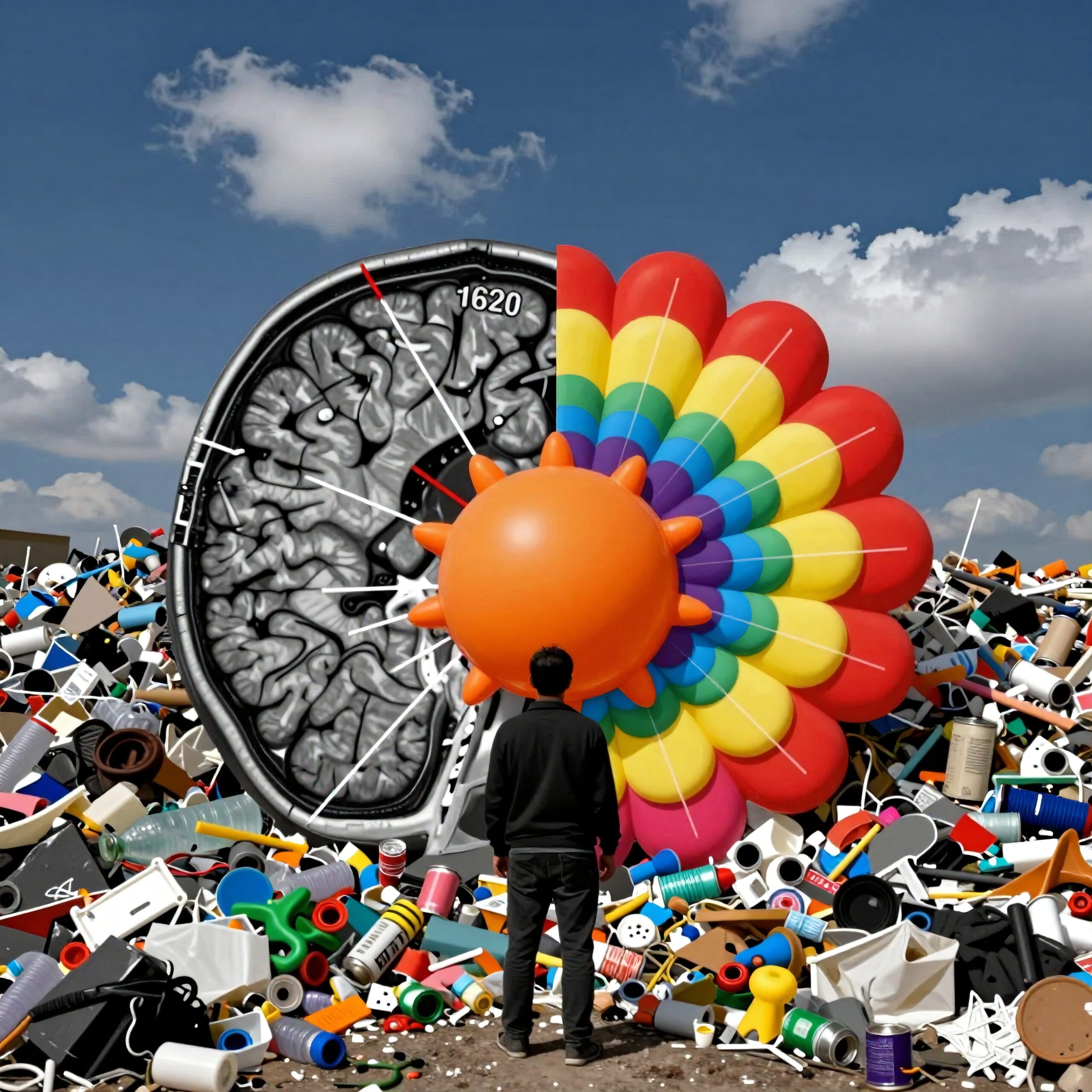 A man observes a giant brain amidst colorful plastic waste under a clear sky.