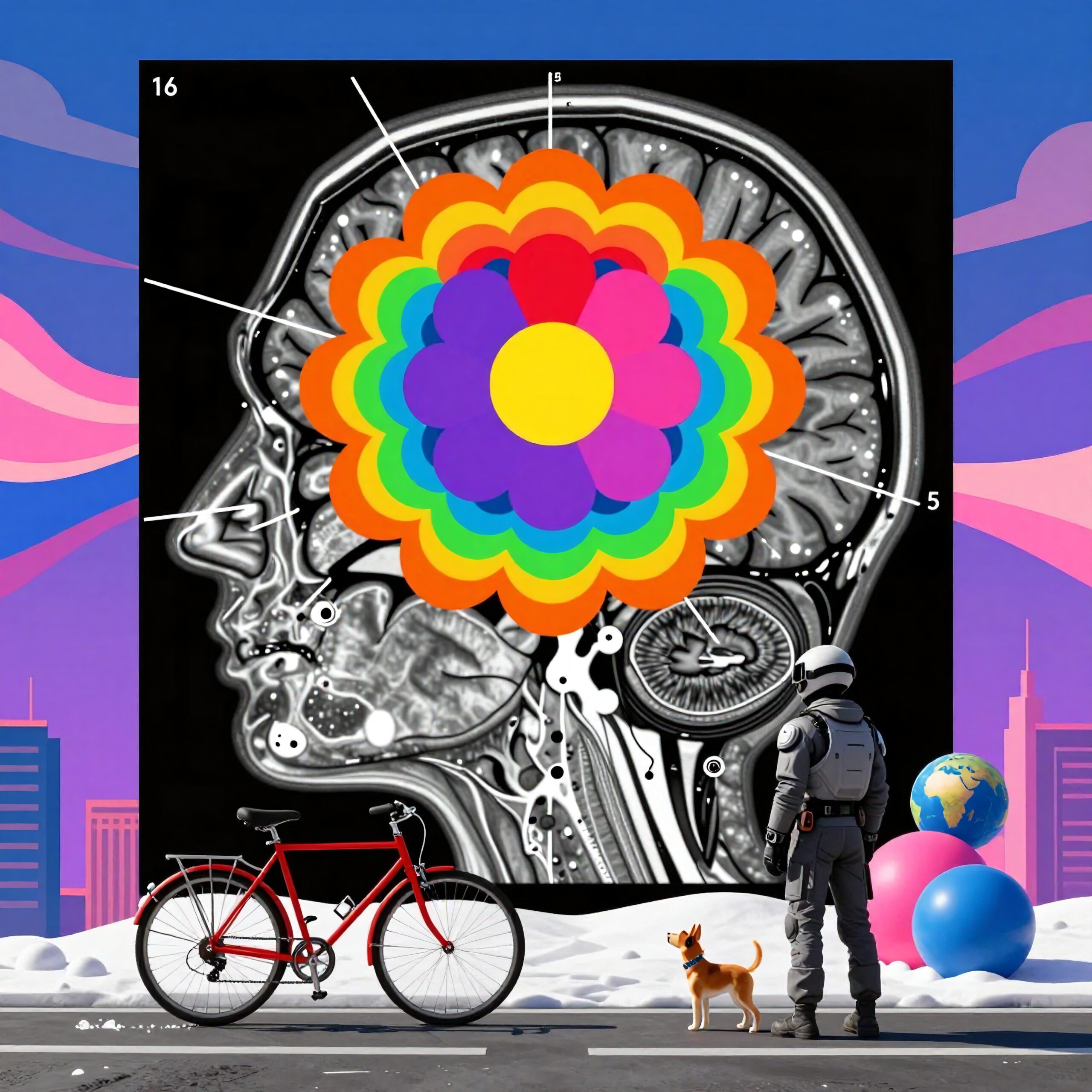 Futuristic astronaut gazes at colorful brain artwork.