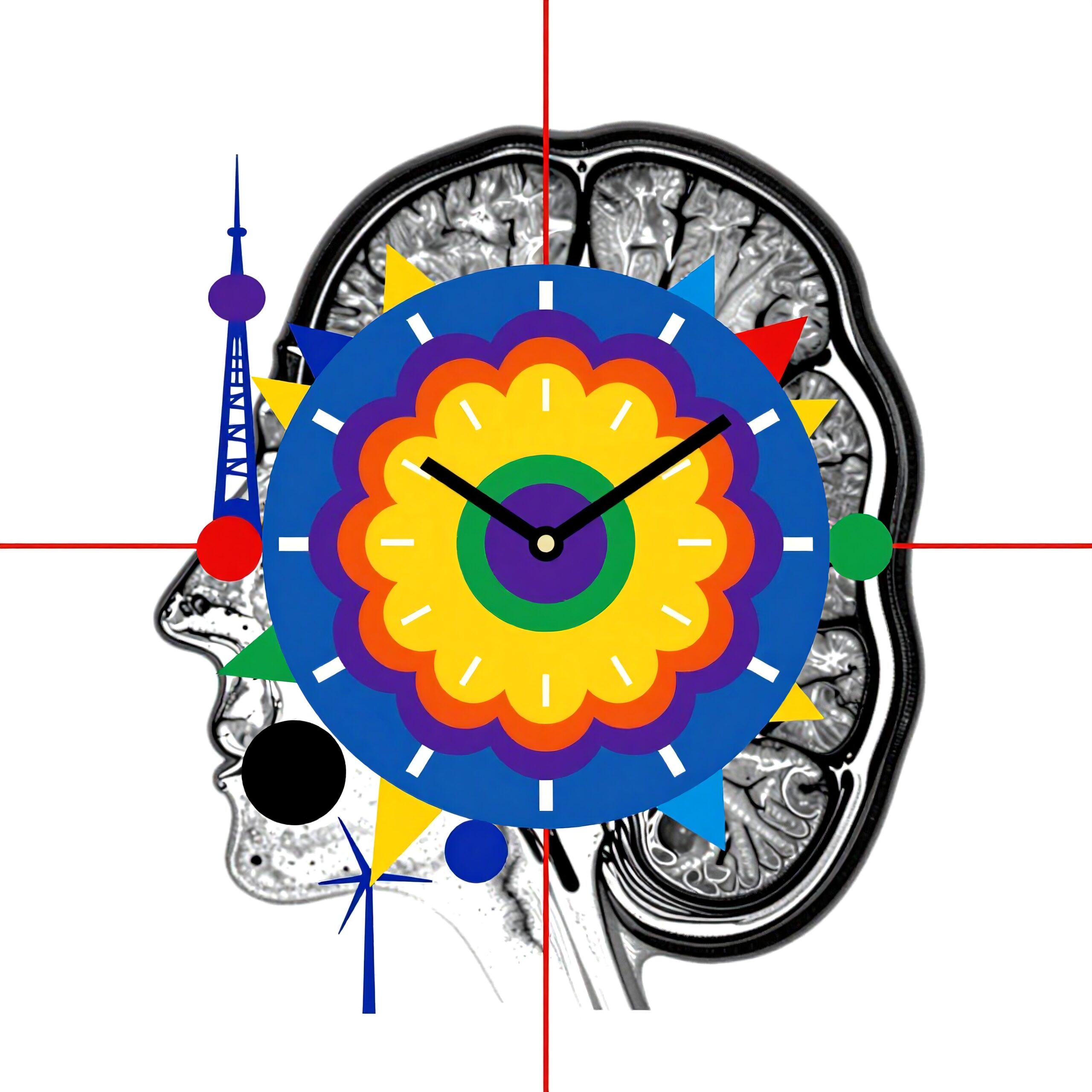 Creative, colorful clock over MRI brain scan.