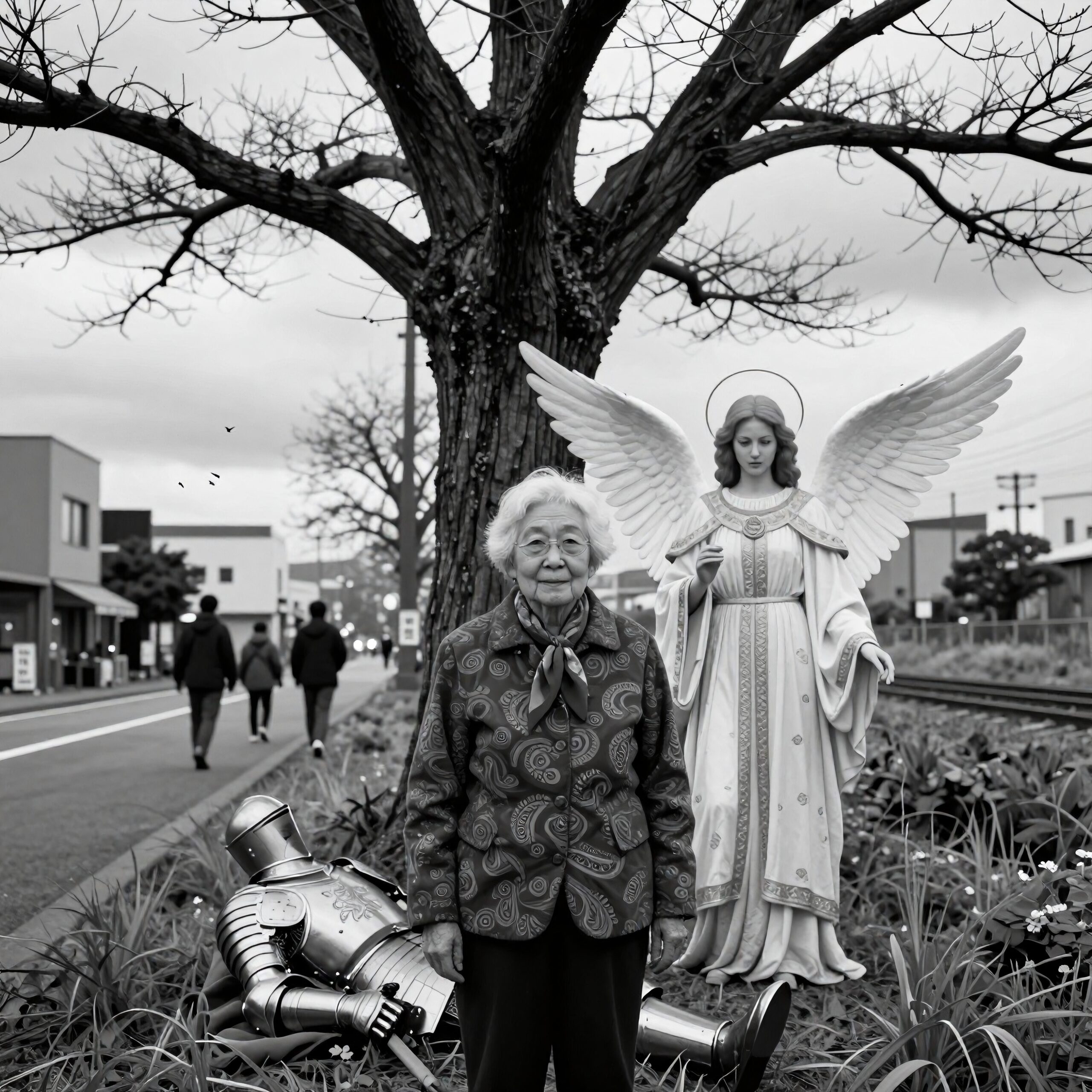 An elderly woman stands calmly before an angel statue and fallen armor, blending surreal and ordinary elements in a serene outdoor setting.