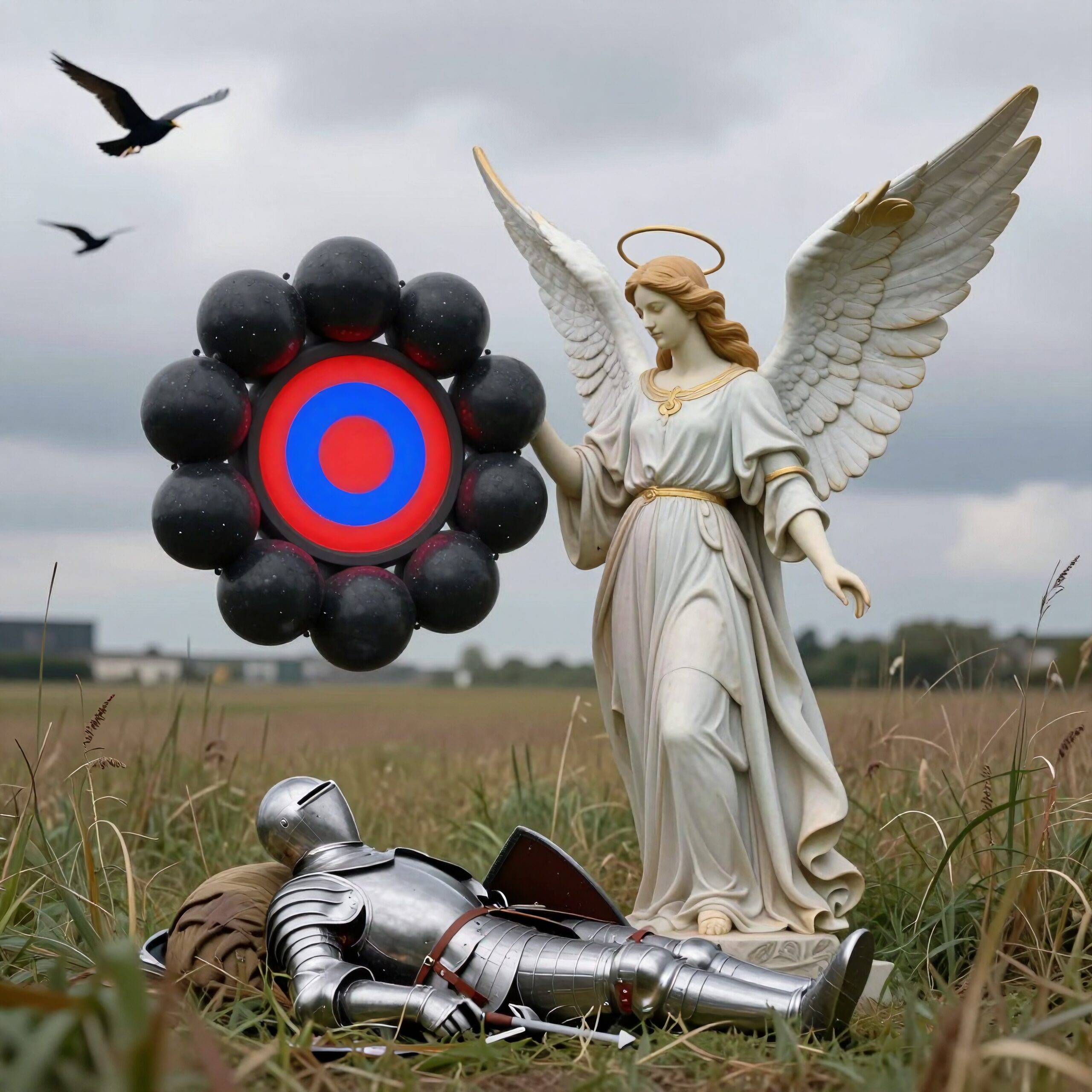 A statue of an angel with a halo stands beside a suit of armor and a modern target, set in a grassy field under an overcast sky.