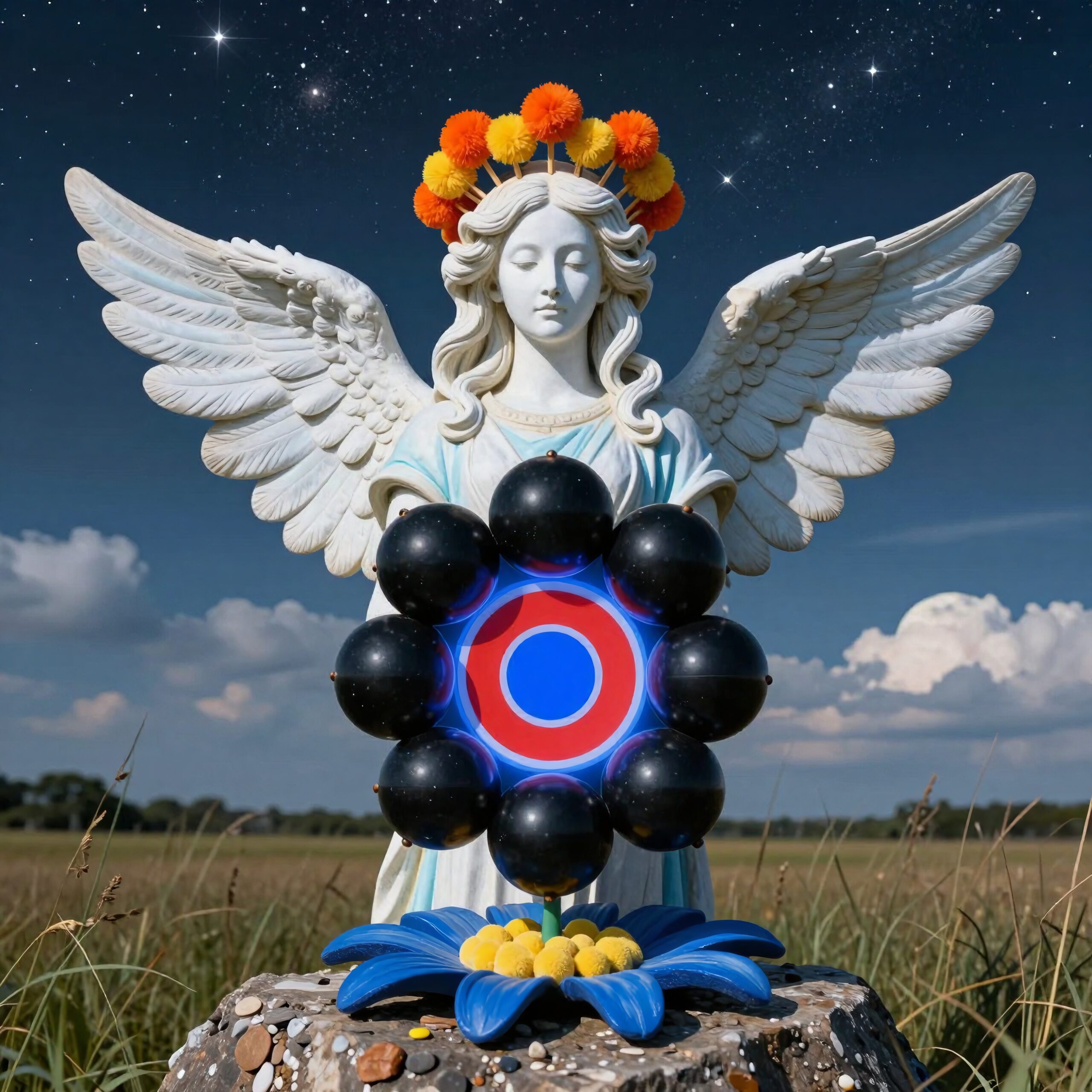 Statue of angel with wings, abstract floral design, twilight sky.